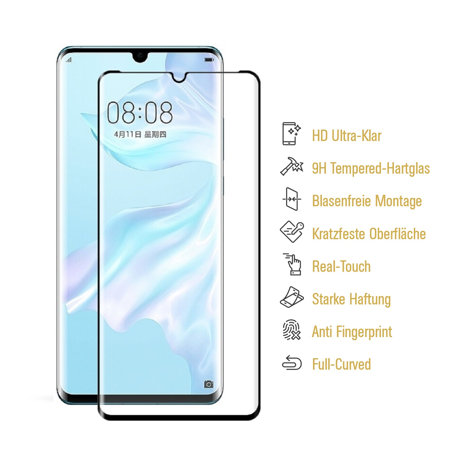 Ein grünes Telefon und ein Displayschutz. Der Schutz hat einen schwarzen Rahmen.