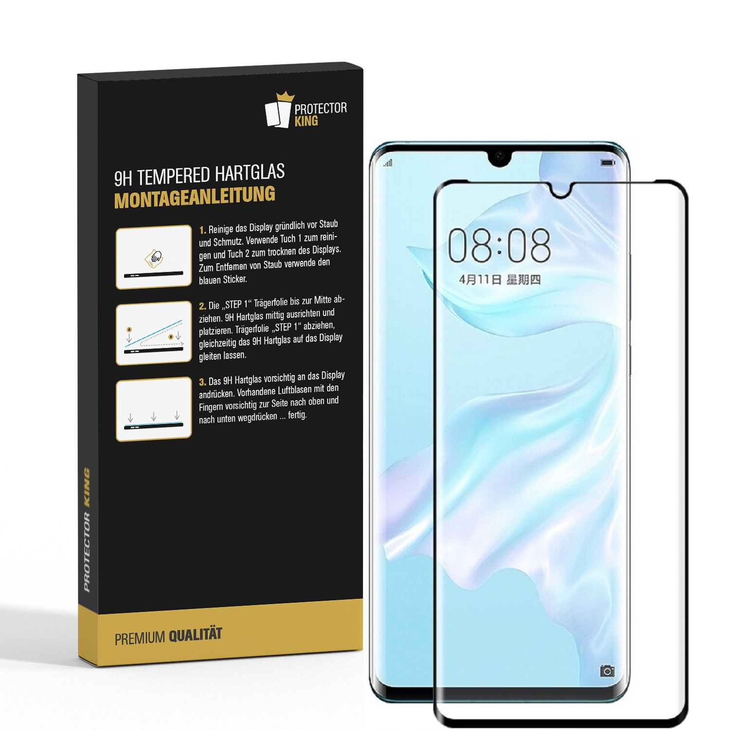 Ein Telefon und ein Displayschutz-Kit auf weißem Hintergrund. Der Schutz hat einen schwarzen Rahmen.