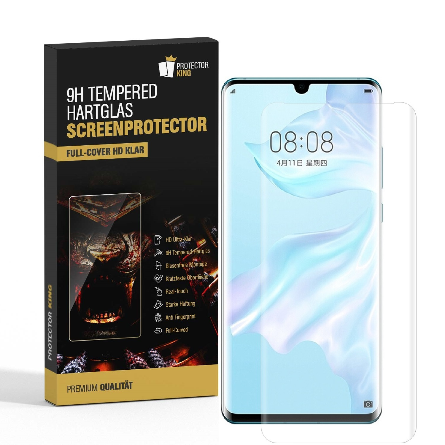 Ein Telefon mit Displayschutz und einer Box. Der Bildschirm zeigt Zeit und Datum.