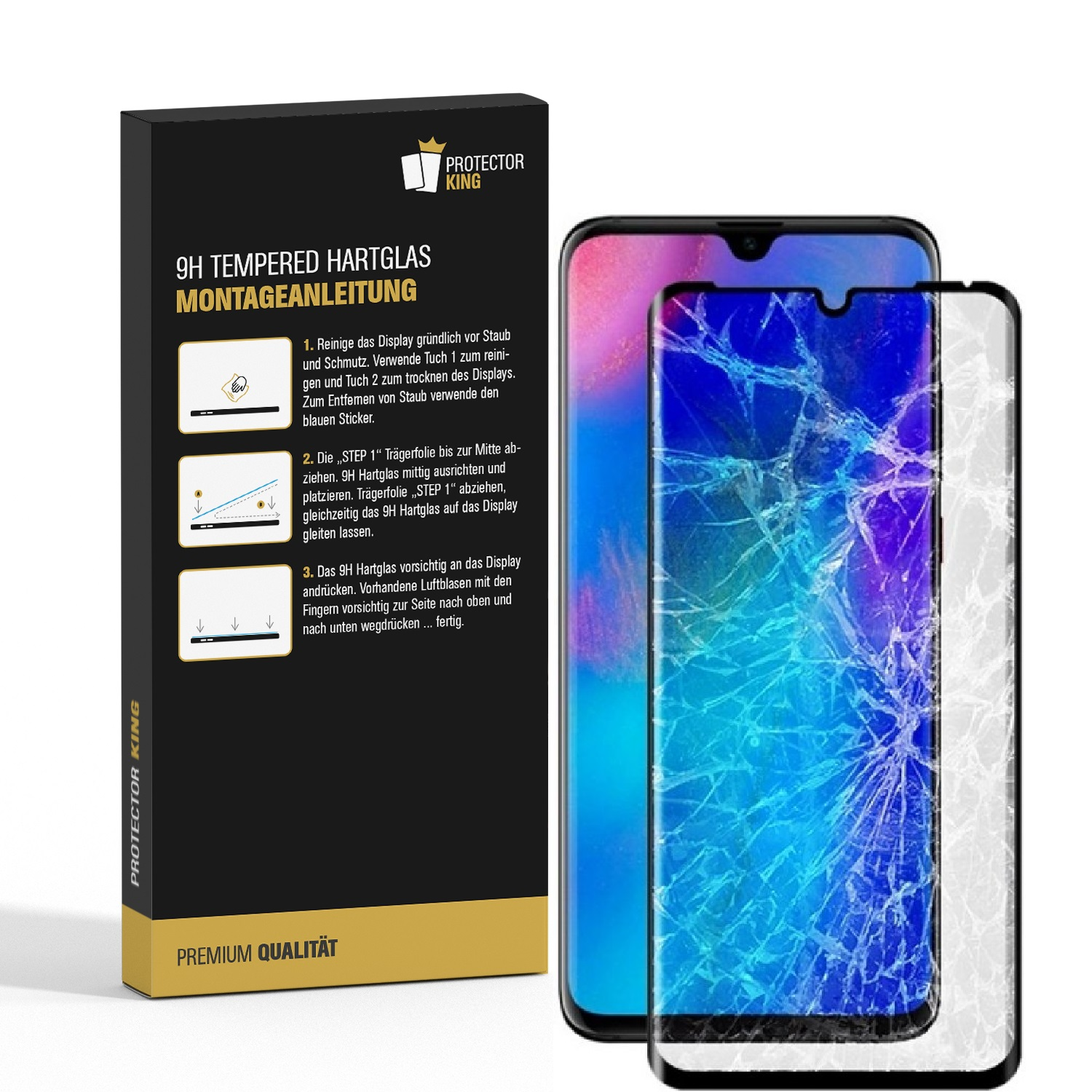 Ein Telefon mit gesprungenem Bildschirm und einem Displayschutz. Links eine Box mit Anweisungen.