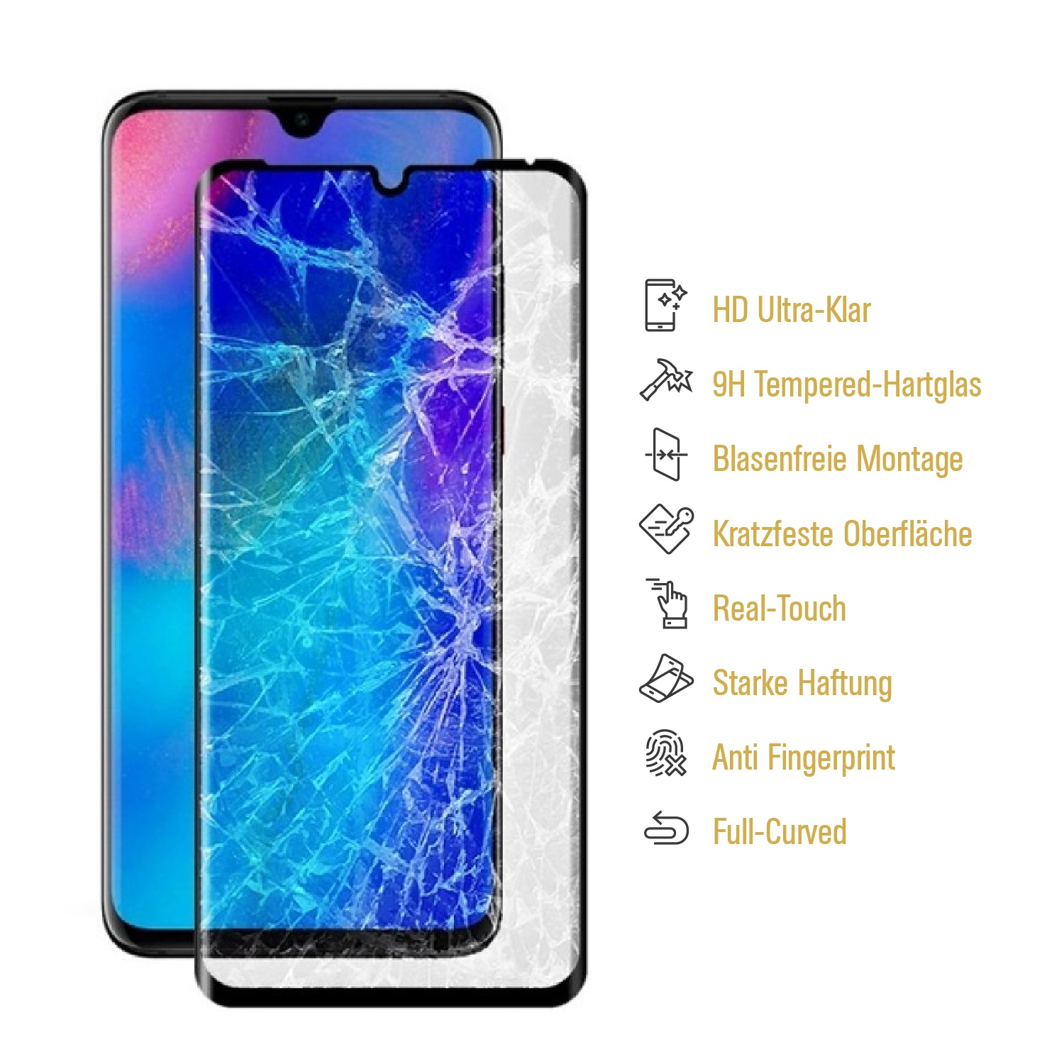 Ein Telefon mit gesprungenem Bildschirm und ein Glasschutz. Der Schutz ist transparent.