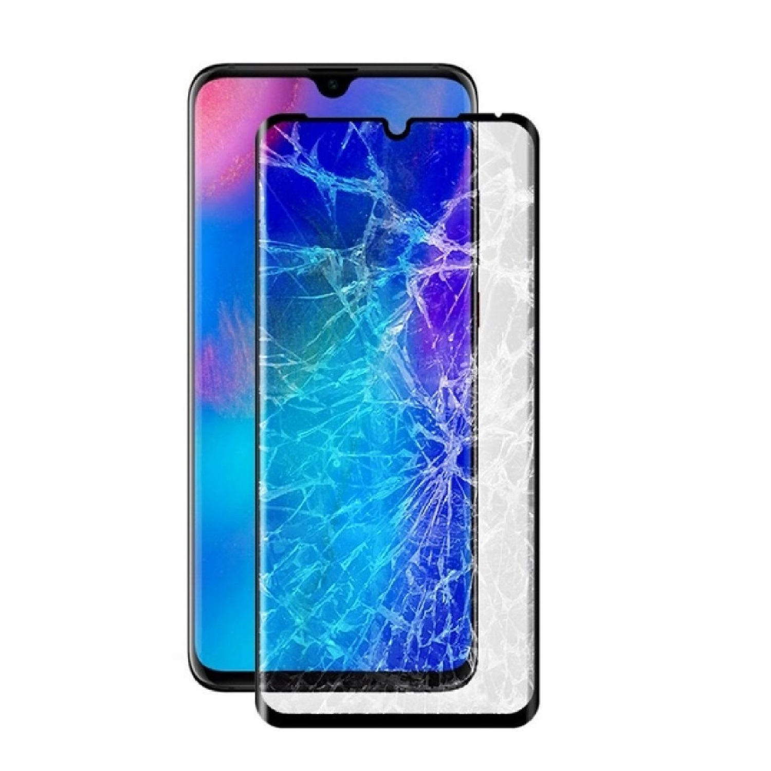 Ein Telefon mit zerbrochenem Bildschirm und Displayschutz. Das Telefon befindet sich auf weißem Grund.