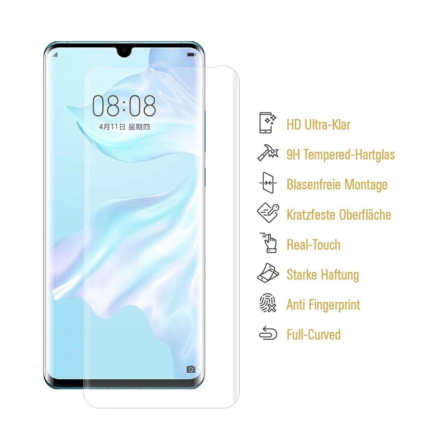 Telefon mit Displayschutzfolie, Texte und Symbole auf weißem Hintergrund. Telefon zeigt Uhrzeit 08:08, Datum und einen blauen Farbverlauf.