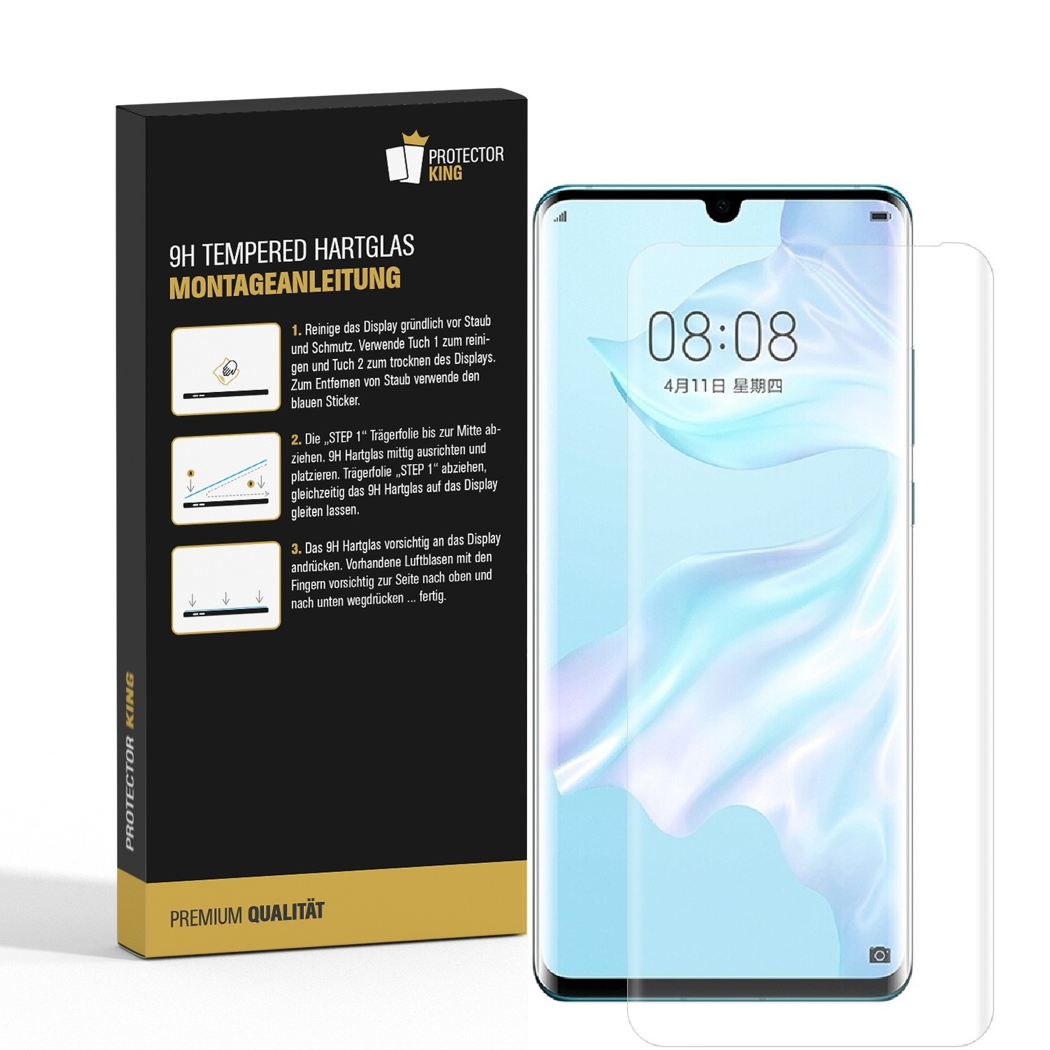 Telefon mit Displayschutz und Anweisungen links. Das Telefon zeigt 08:08, Datum und einen blauen Farbverlauf.