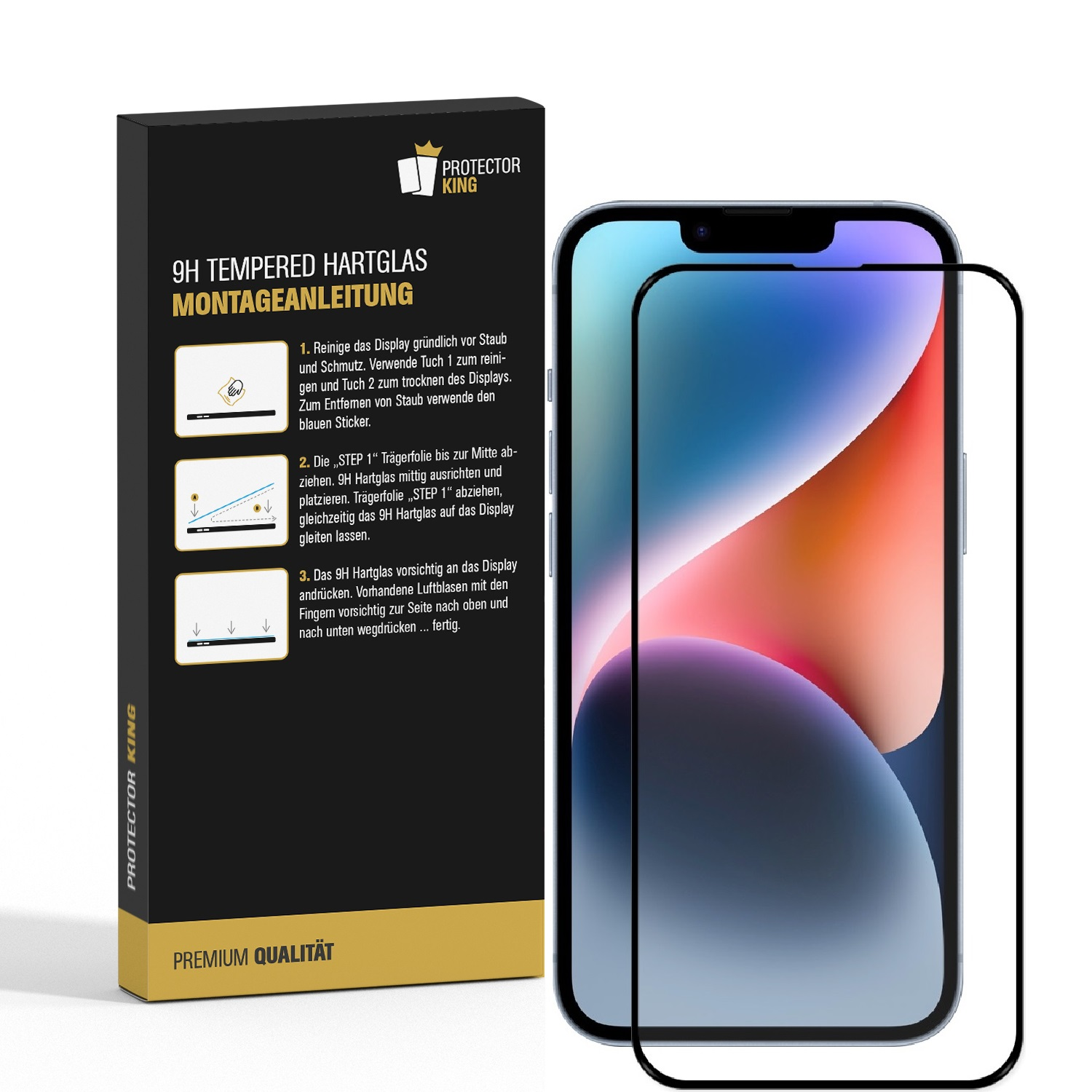 Ein Telefon und ein Displayschutz mit einer Box. Die Box enthält Installationsanweisungen.