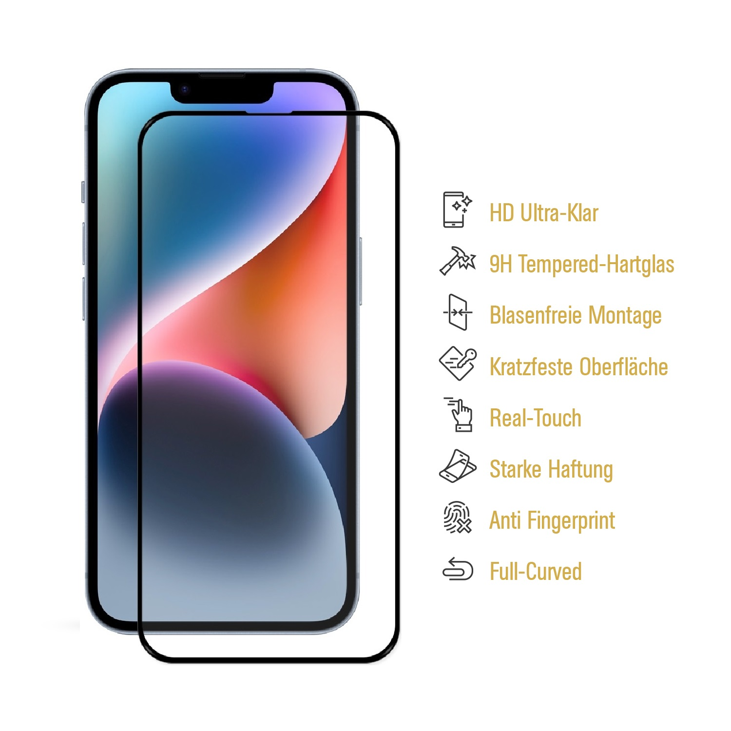 Ein Telefon und Displayschutz auf weißem Hintergrund. Das Telefon zeigt die Uhrzeit.