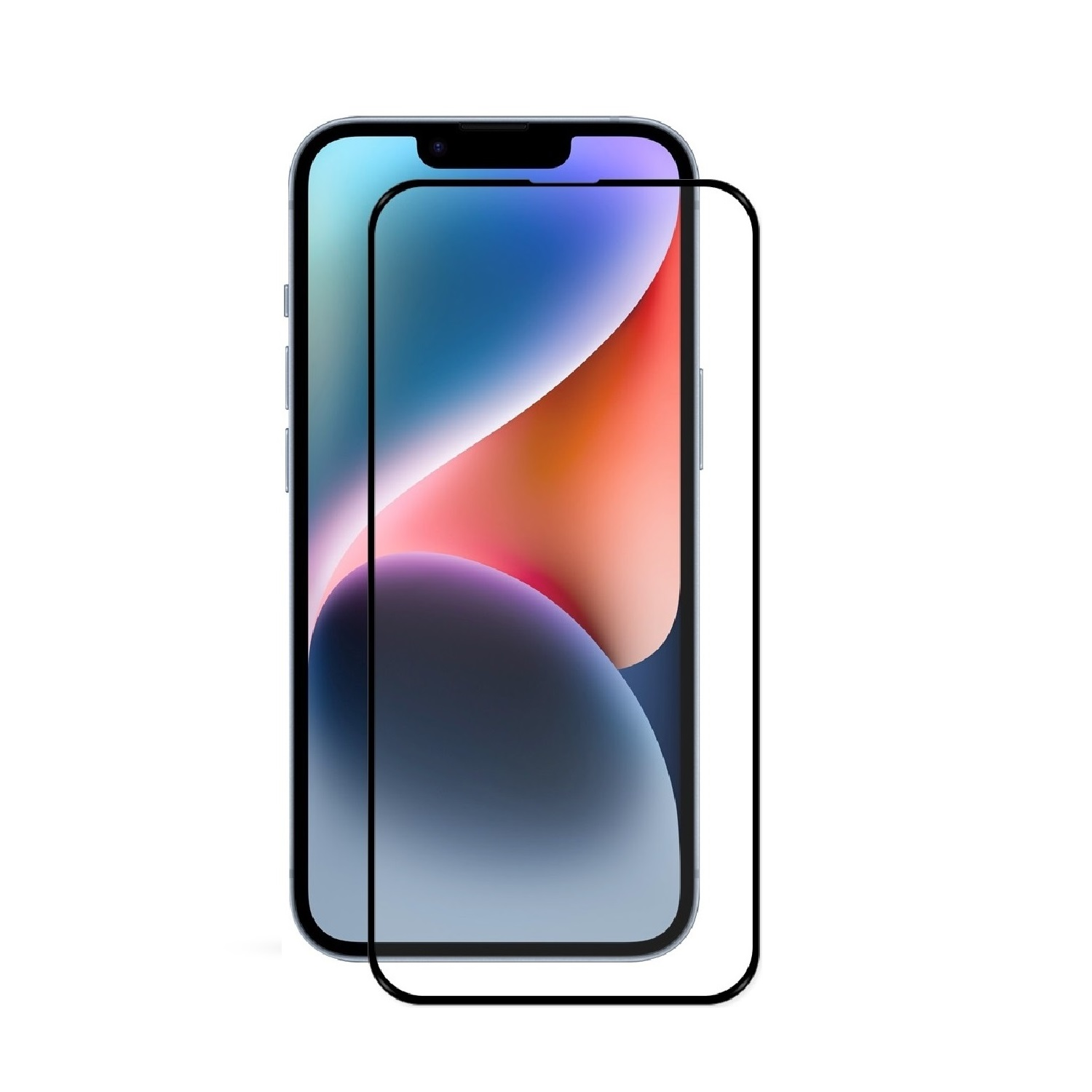 Telefon mit schwarzem Displayschutz, das Telefon zeigt einen bunten abstrakten Hintergrund. Das Telefon ist auf weißem Hintergrund.