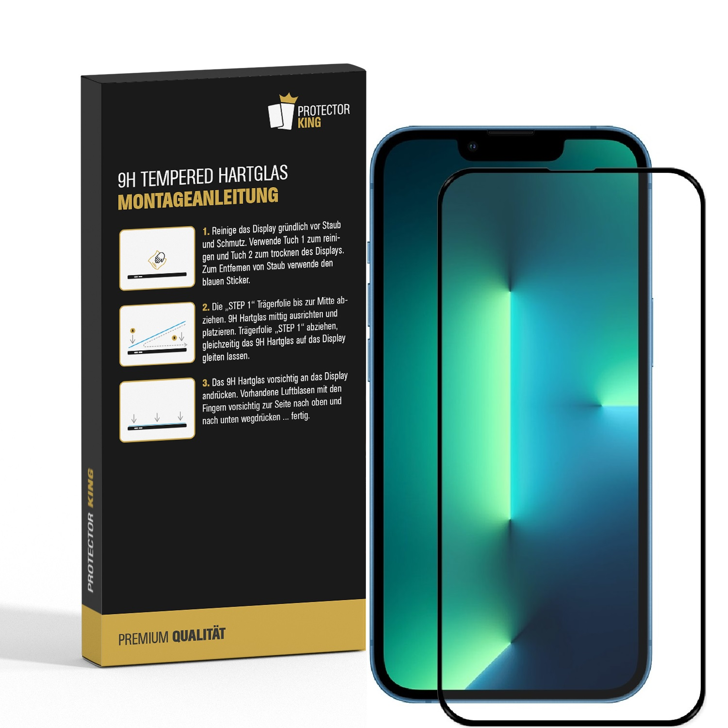 Ein Telefon und Displayschutz-Kit mit Box auf weißem Hintergrund. Grün und Blau.