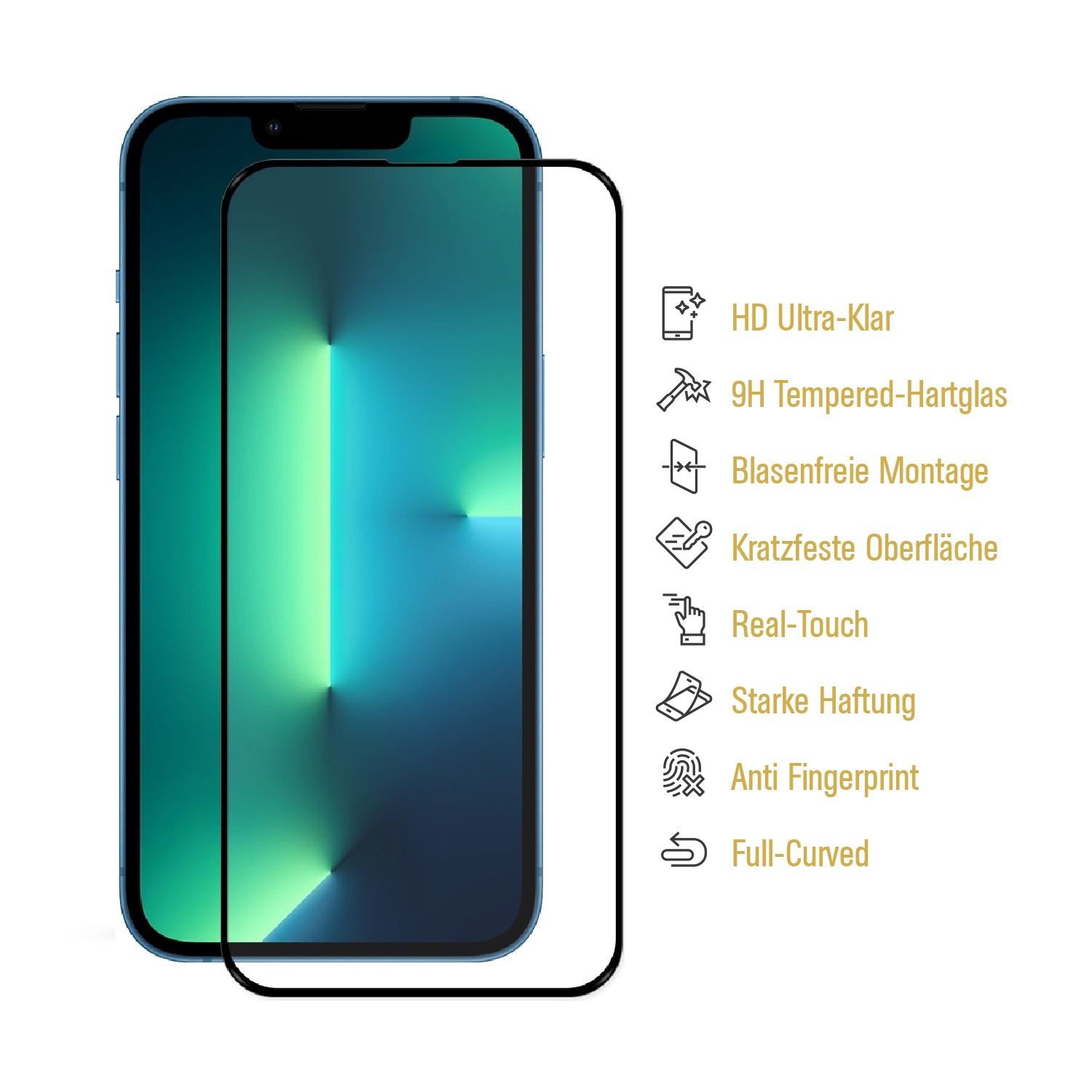 Blaues Smartphone mit Displayschutz. Merkmale: HD Ultra-Klar, 9H gehärtetes Glas, blasenfrei, kratzfest, echtes Gefühl.