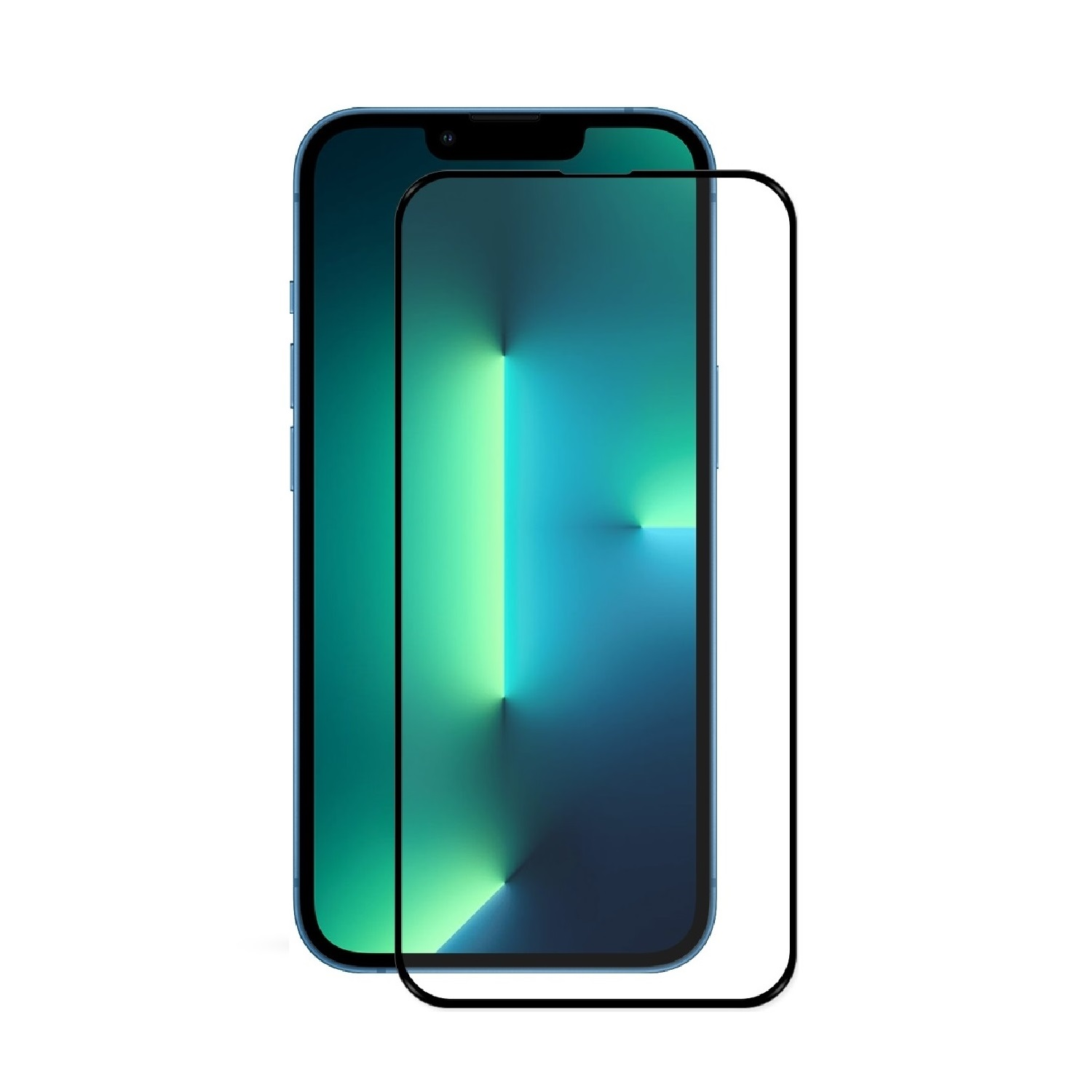 Ein Telefon und ein Displayschutz. Das Telefon befindet sich auf weißem Grund. Grün und Blau.