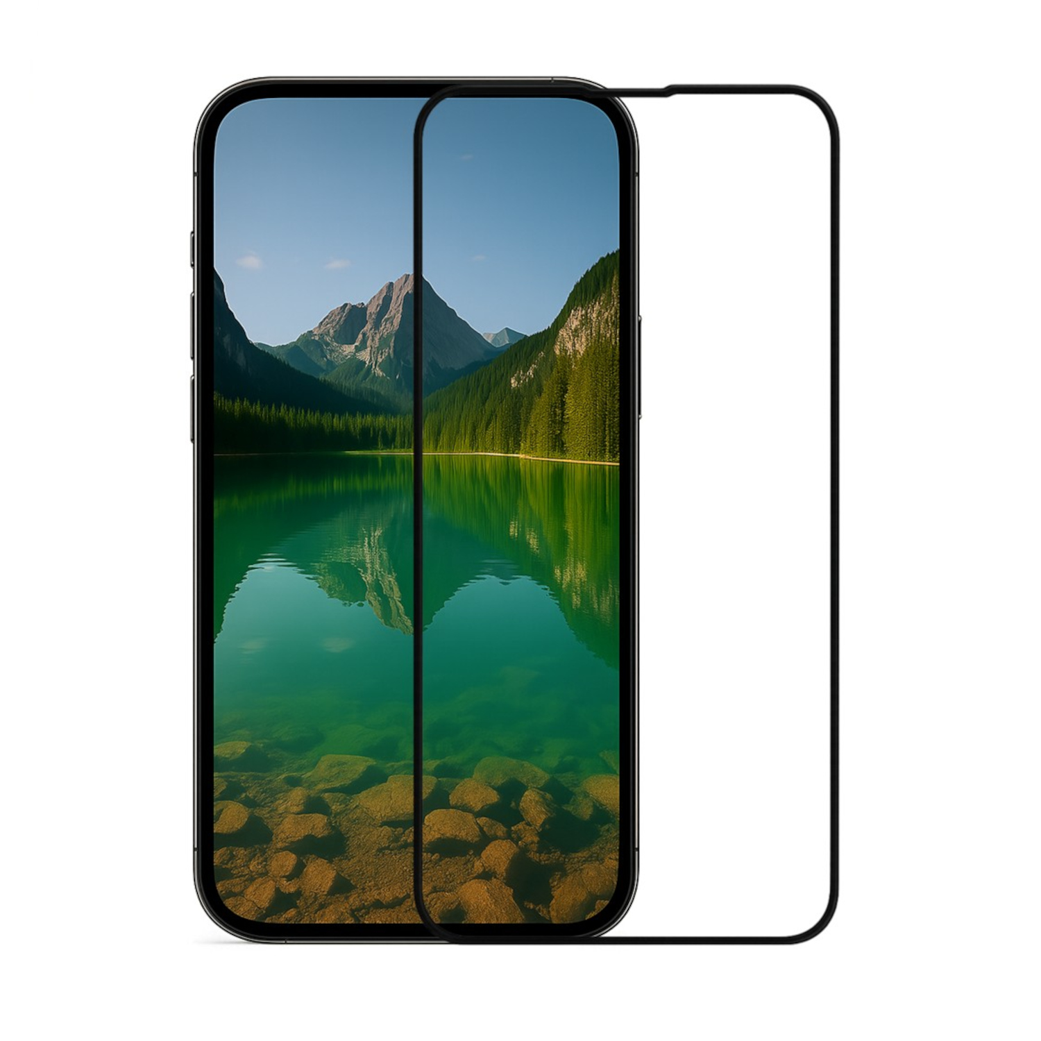 Eine auf dem Telefon angebrachte Displayschutzfolie, die einen See und Berge zeigt.