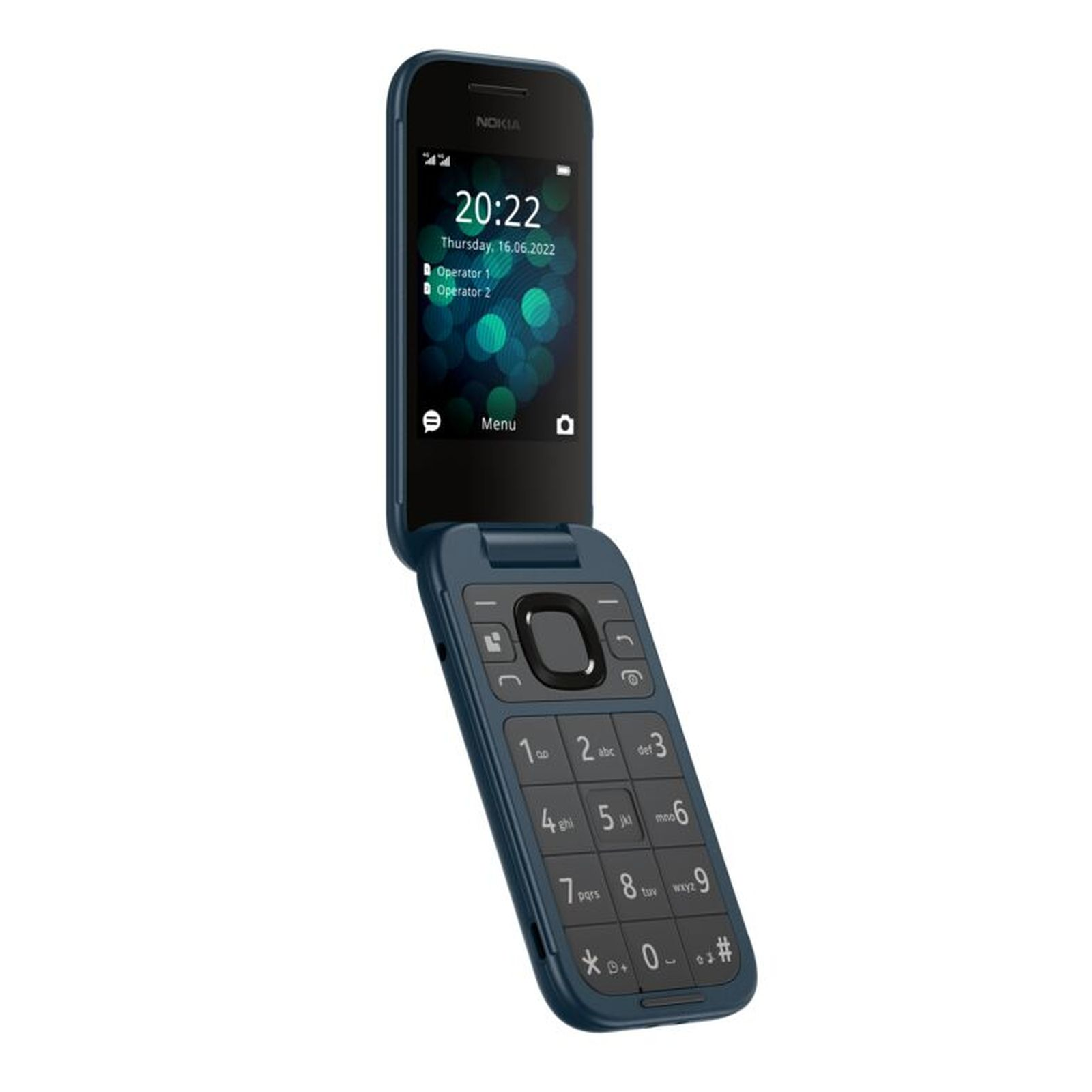 Un teléfono Nokia azul plegable está abierto, mostrando la hora y la fecha. Tiene un teclado con números y símbolos.