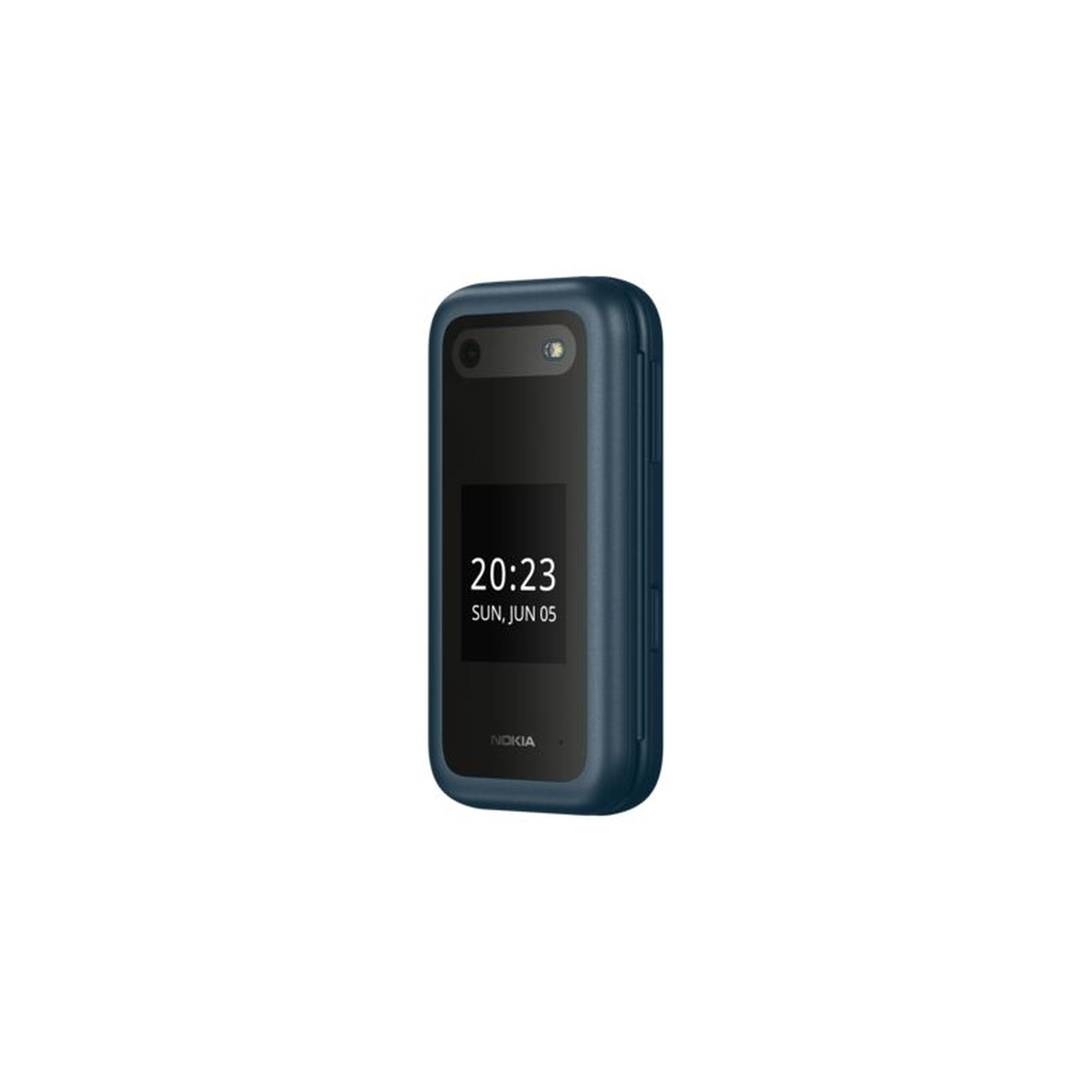 Teléfono Nokia azul que muestra la hora 20:23, 05 de junio. La pantalla es negra con texto blanco. El teléfono está sobre un fondo blanco.