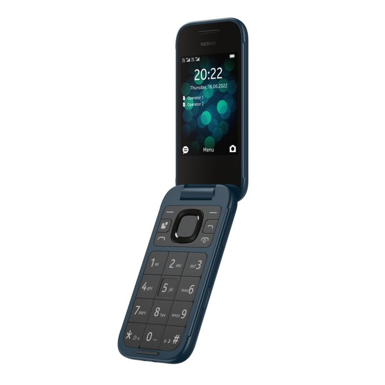 Un teléfono plegable Nokia azul, abierto. Muestra la pantalla y el teclado. La pantalla muestra la hora y la fecha, con un botón de menú.