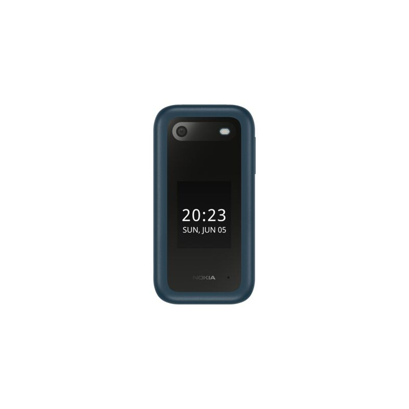 Teléfono Nokia azul que muestra la hora 20:23, 05 de junio. La pantalla es negra con texto blanco. El teléfono está sobre un fondo blanco.