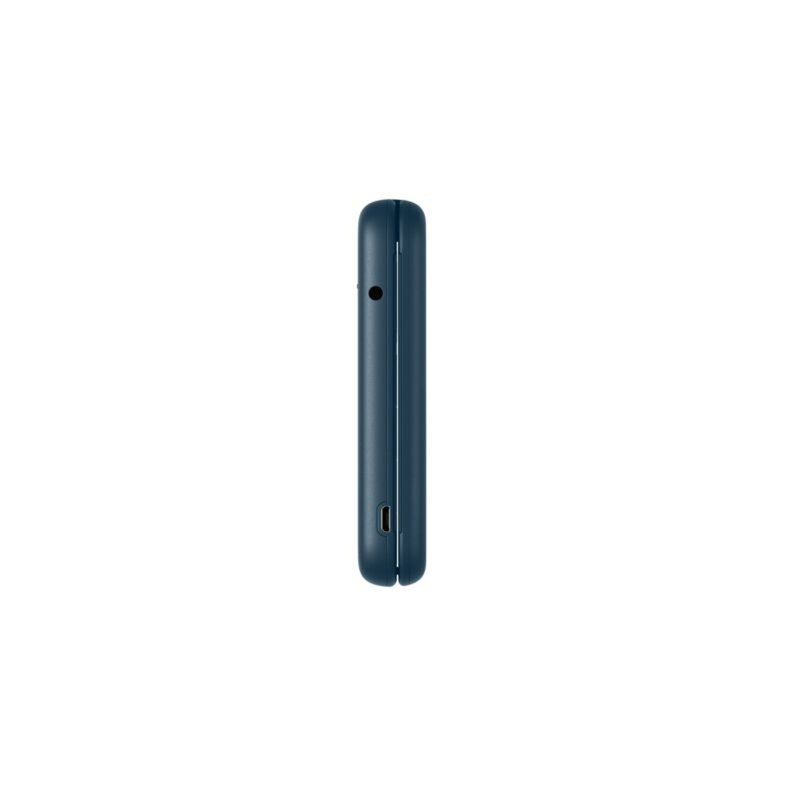 Una vista lateral de un teléfono Nokia azul. Muestra el lado del teléfono con el puerto de carga y un pequeño agujero.