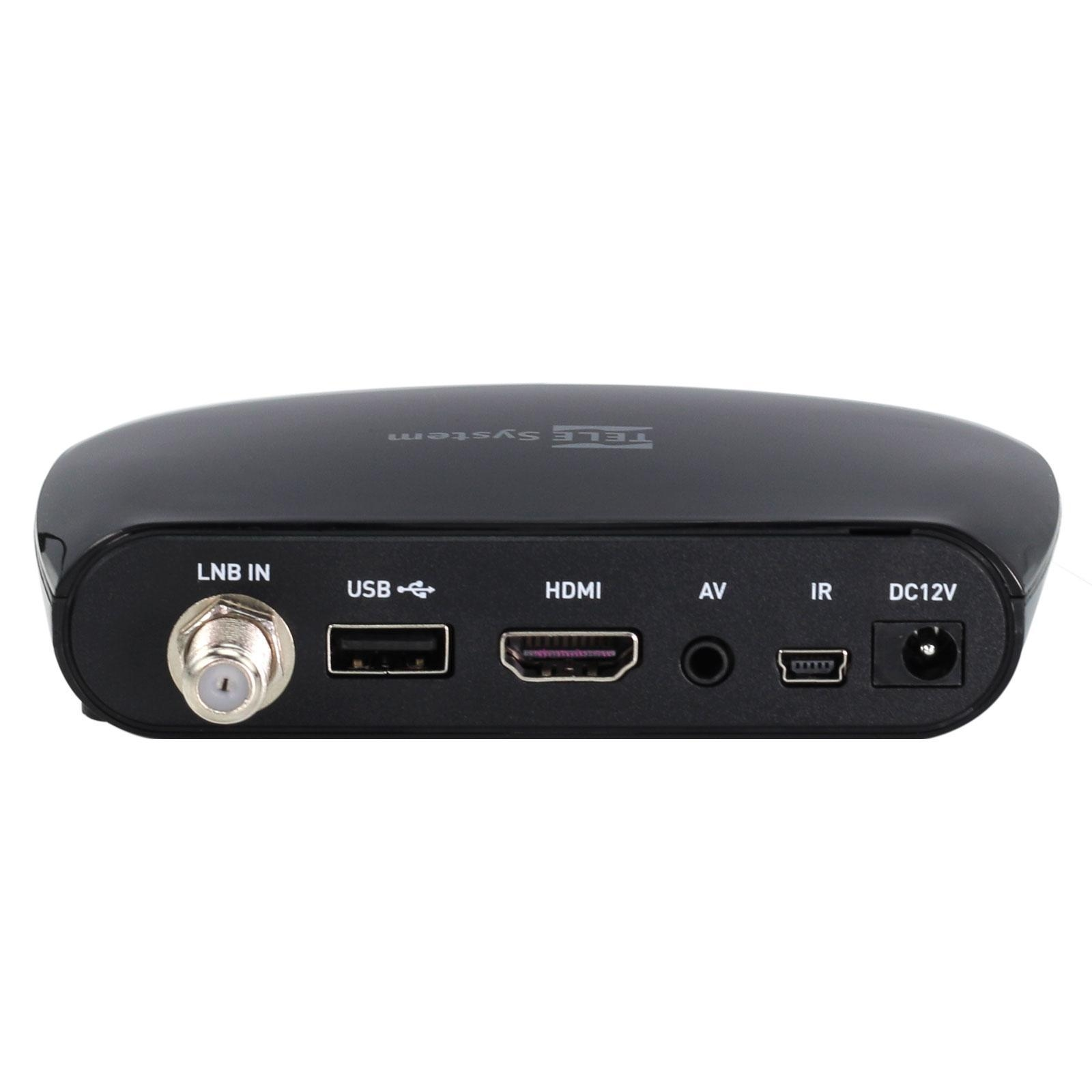 Schwarzer TELE System-Empfänger mit verschiedenen Anschlüssen auf der Rückseite, inkl. USB und HDMI.
