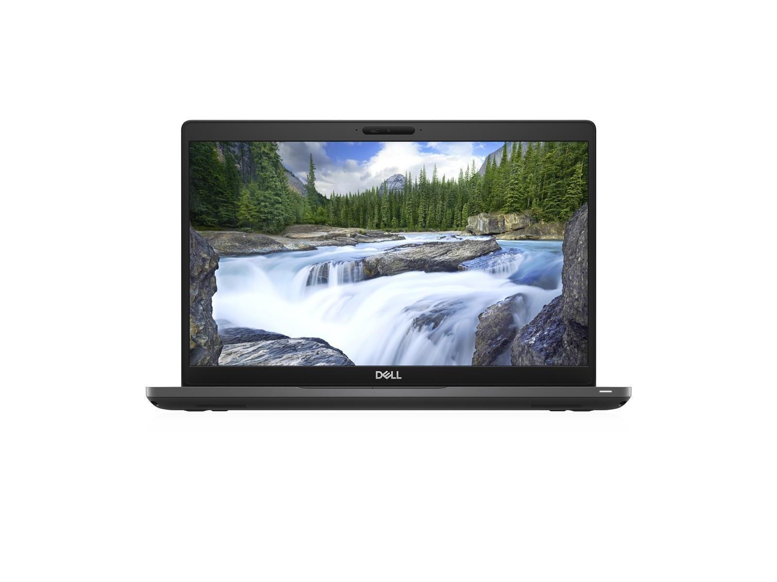 Ein Dell-Laptop zeigt einen Wasserfall auf dem Bildschirm. Das Logo ist unten, eine Kamera oben.