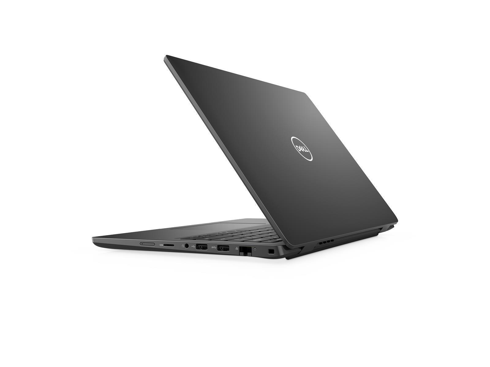Ein dunkler Dell-Laptop ist auf weißem Hintergrund angewinkelt geöffnet. Das Dell-Logo ist sichtbar.