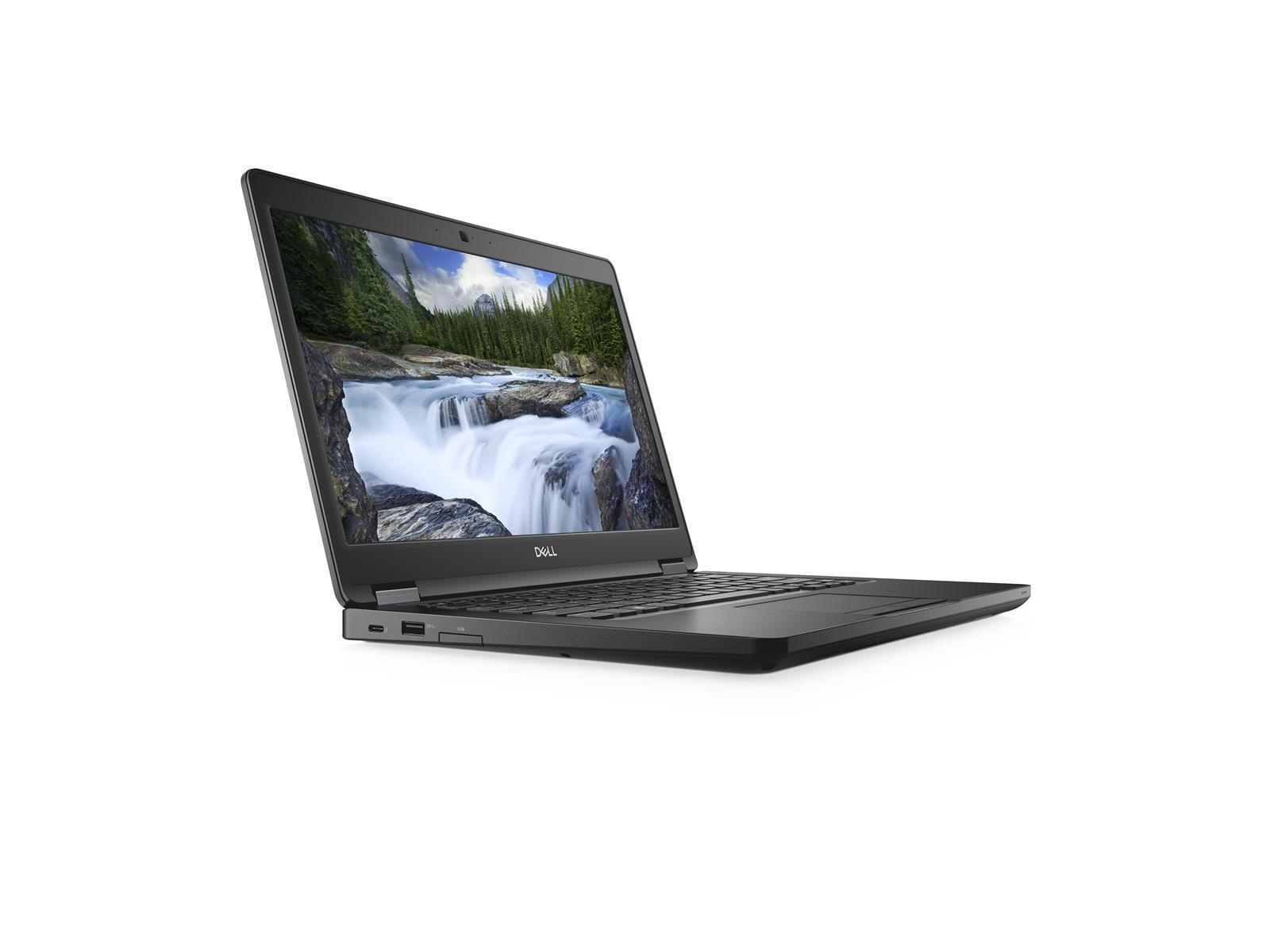 Schwarzer Dell-Laptop, Bildschirm zeigt eine Wasserfallszene, auf weißem Hintergrund abgewinkelt.