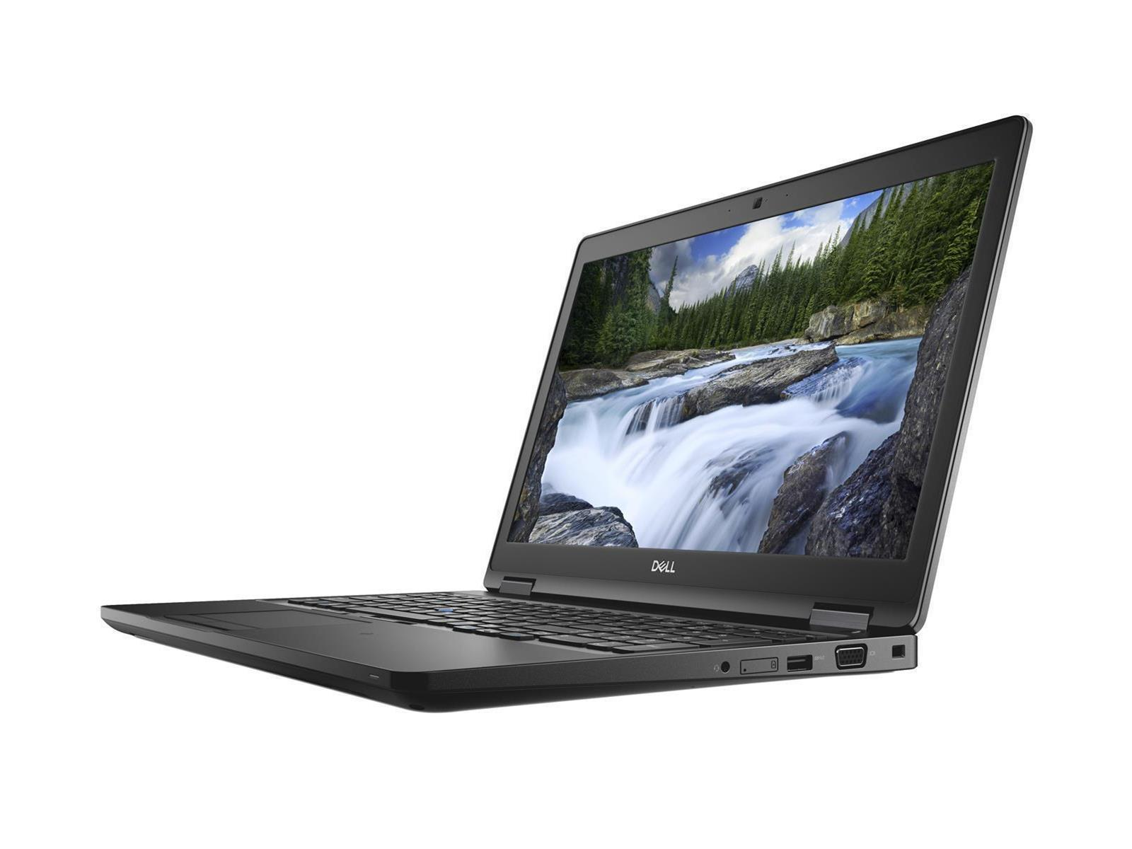 Schwarzer Dell-Laptop, Bildschirm zeigt eine Wasserfallszene, auf weißem Hintergrund abgewinkelt.