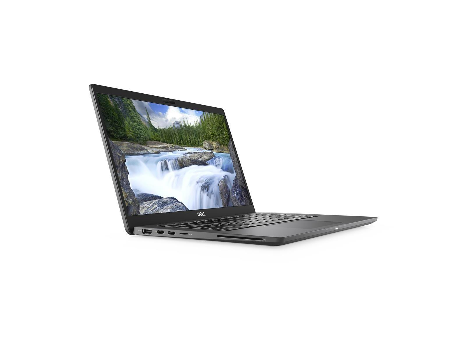 Schwarzer Dell-Laptop, Bildschirm zeigt Wasserfallszene, vor weißem Hintergrund. Seitenansicht.
