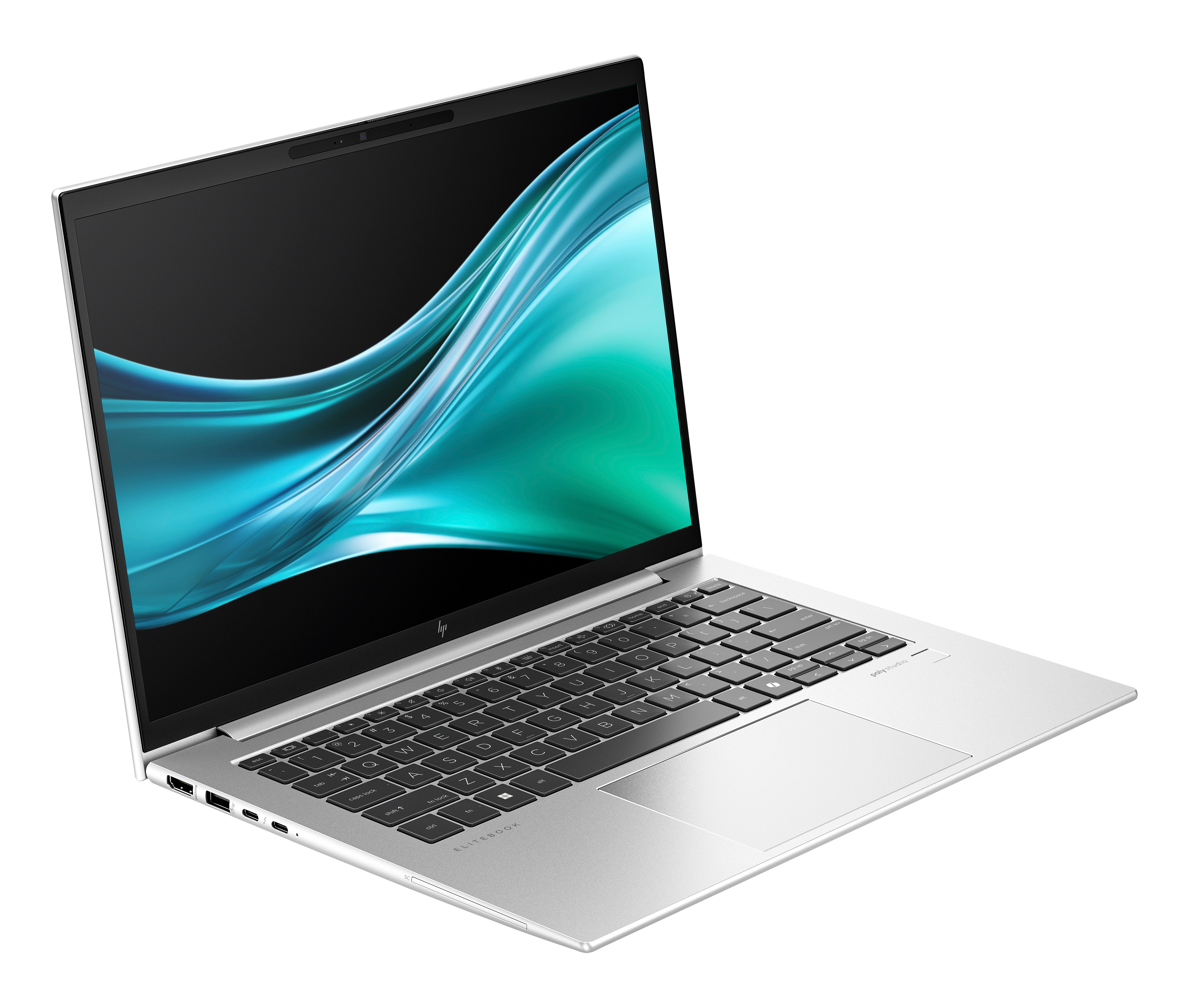 Srebrny laptop z czarną klawiaturą i wyświetlaczem z niebiesko-zielonym wzorem fal. Białe tło.