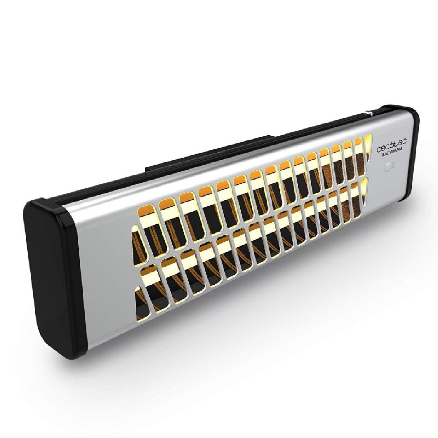 Srebrno-czarny grzejnik z odsłoniętymi elementami grzewczymi. Logo Cecotec.