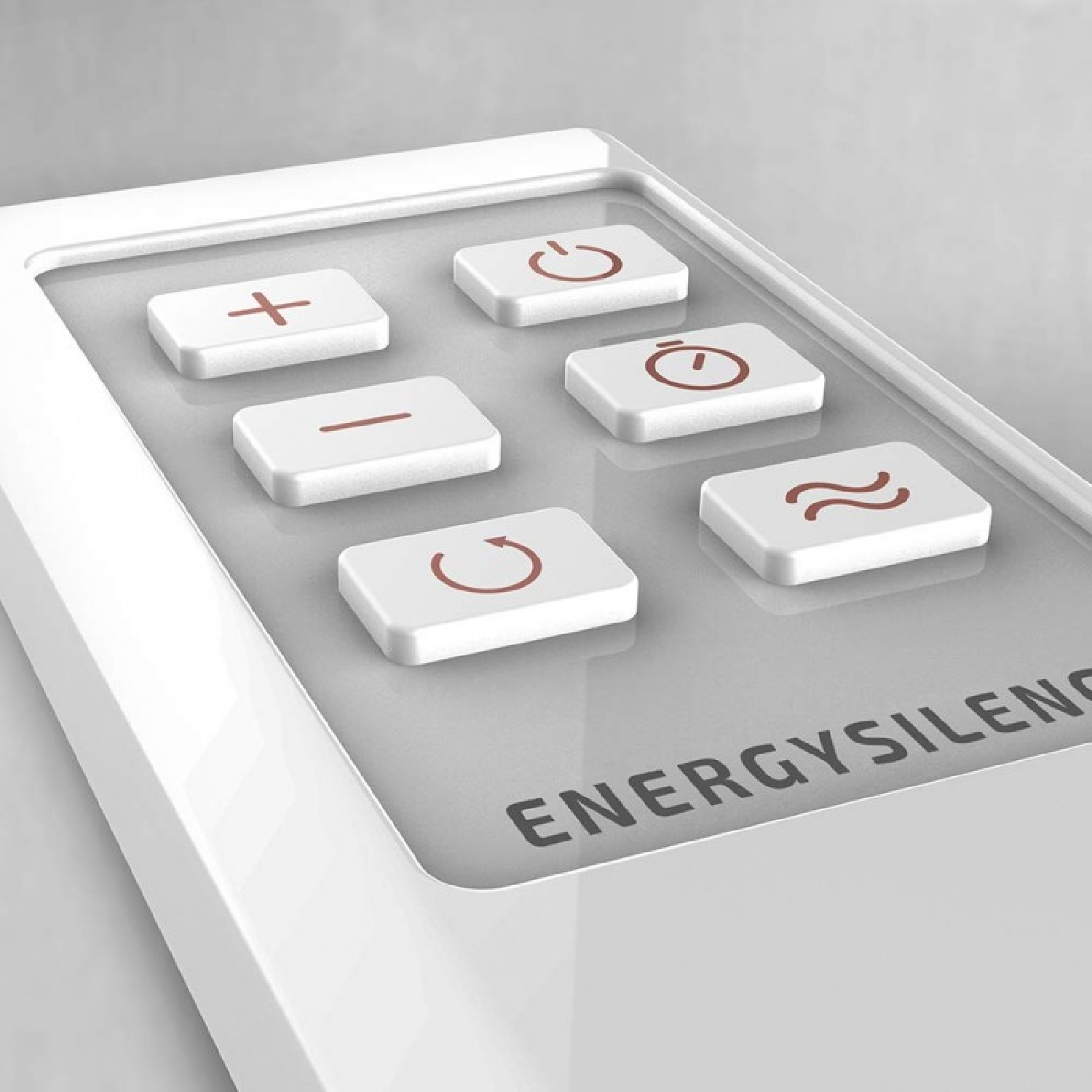 Biały pilot z przyciskami z ikonami zasilania, timera i innych funkcji.