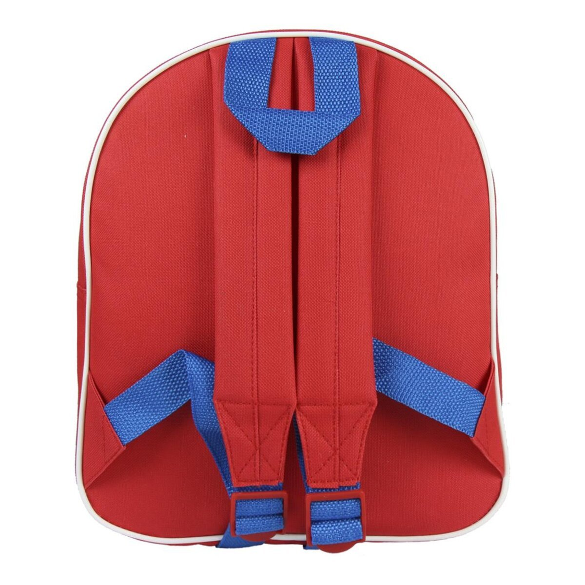 Una mochila roja con correas azules. Las correas están unidas a la parte posterior de la mochila.