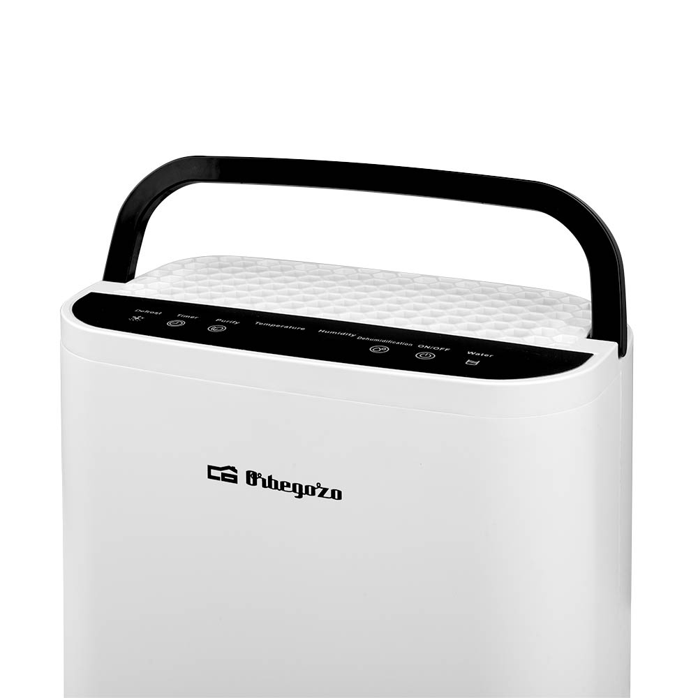 Purificatore d'aria bianco con manico nero. Il pannello di controllo ha icone per diverse impostazioni.