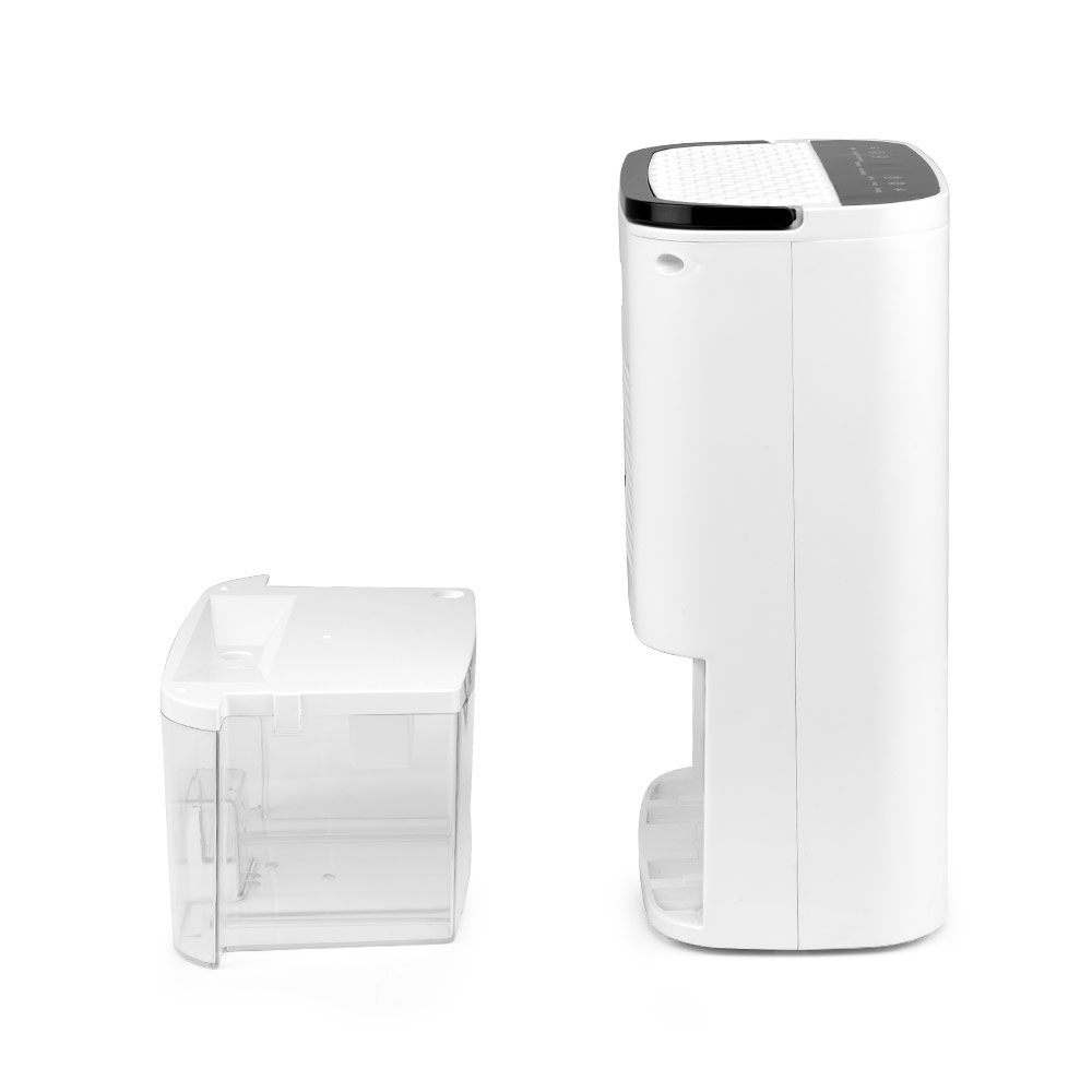 Deumidificatore bianco con un serbatoio d'acqua trasparente separato. Il deumidificatore è alto e rettangolare. Il serbatoio è piccolo e quadrato.
