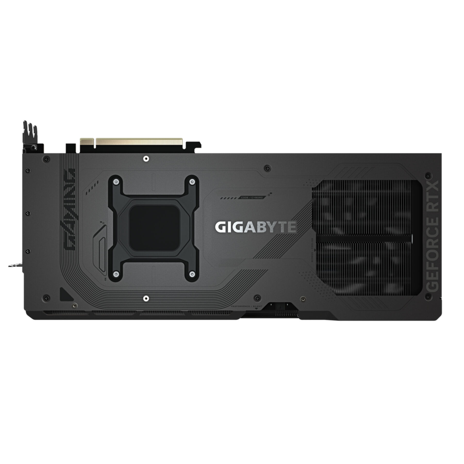 Czarna karta graficzna z logo GIGABYTE i GeForce RTX, białe tło.