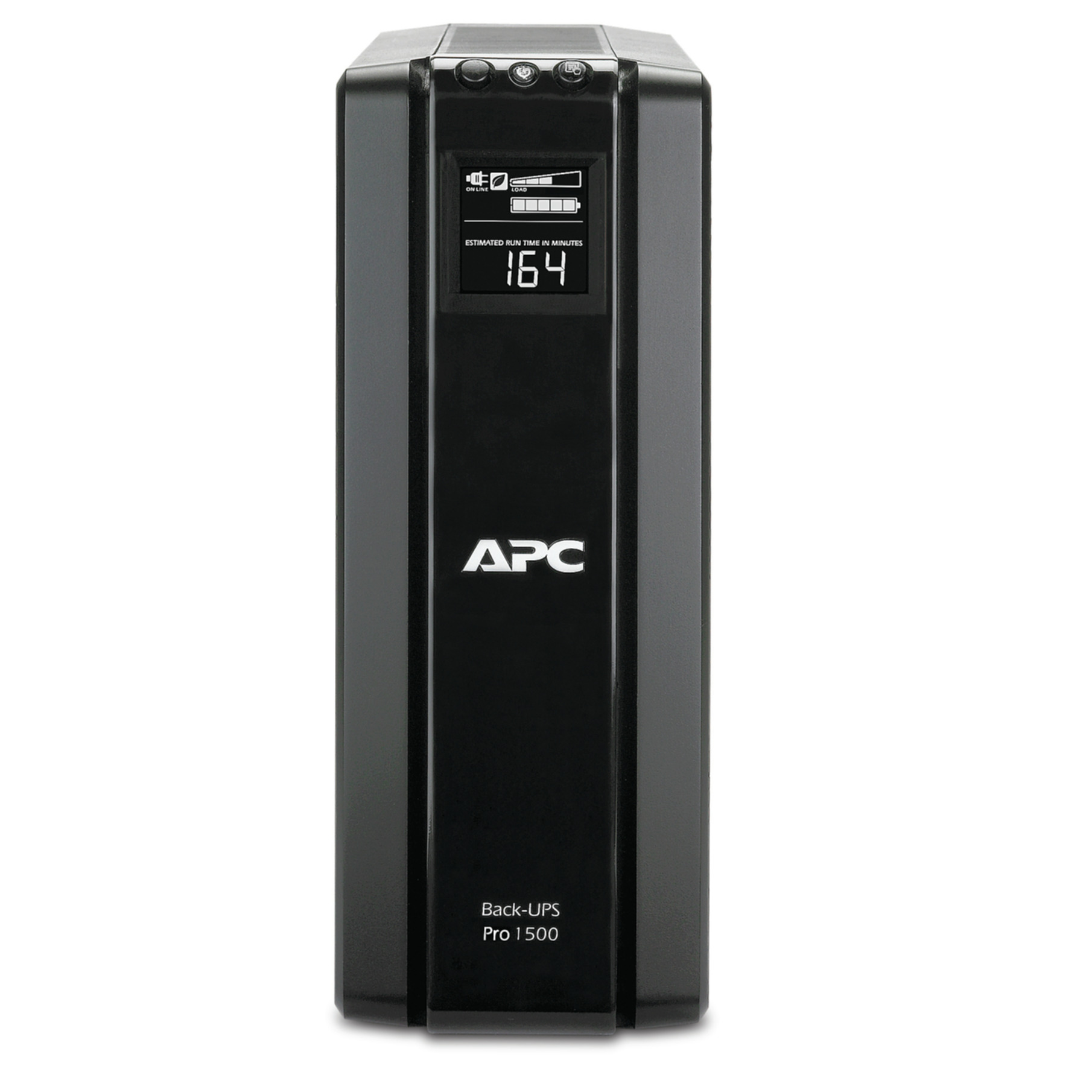 Schwarze APC Back-UPS Pro 1500. Zeigt Batteriestand und geschätzte Laufzeit von 164 Minuten auf einem Digitalbildschirm an.