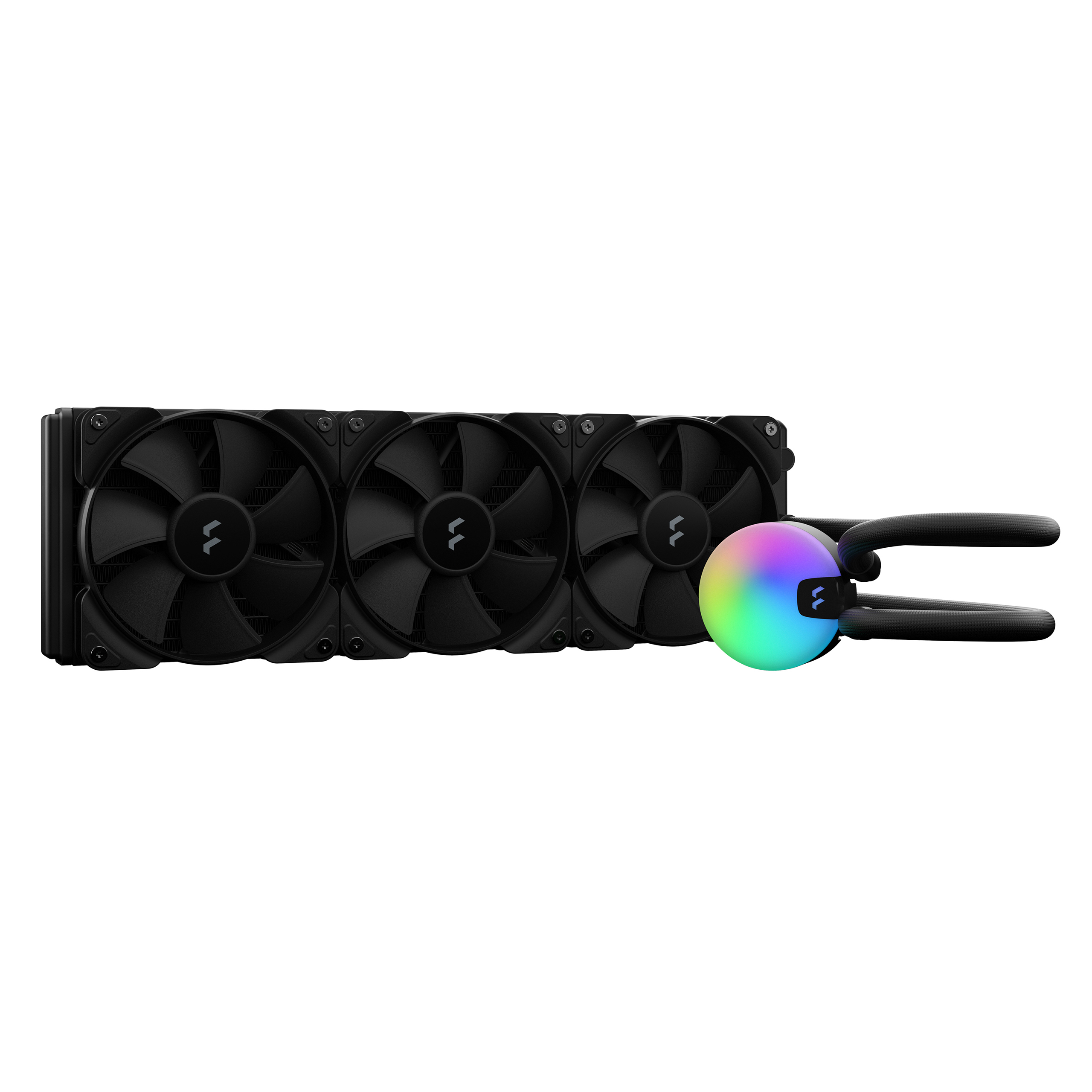 Sistema di raffreddamento per computer nero con tre ventole, un radiatore e una testata a pompa circolare multicolore con tubi.