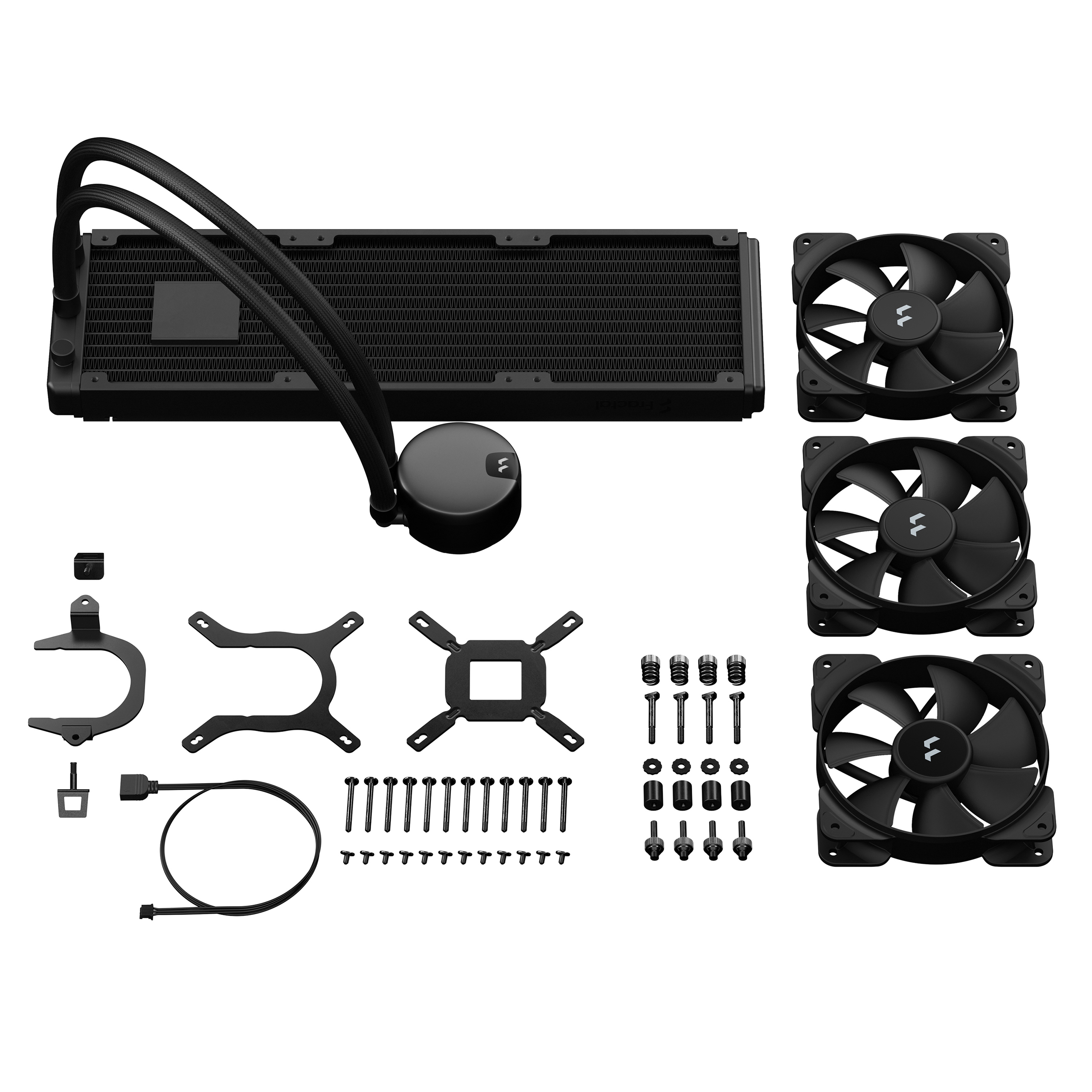 Dissipatore CPU nero con radiatore, pompa, ventole e hardware di montaggio. Componenti su sfondo bianco.