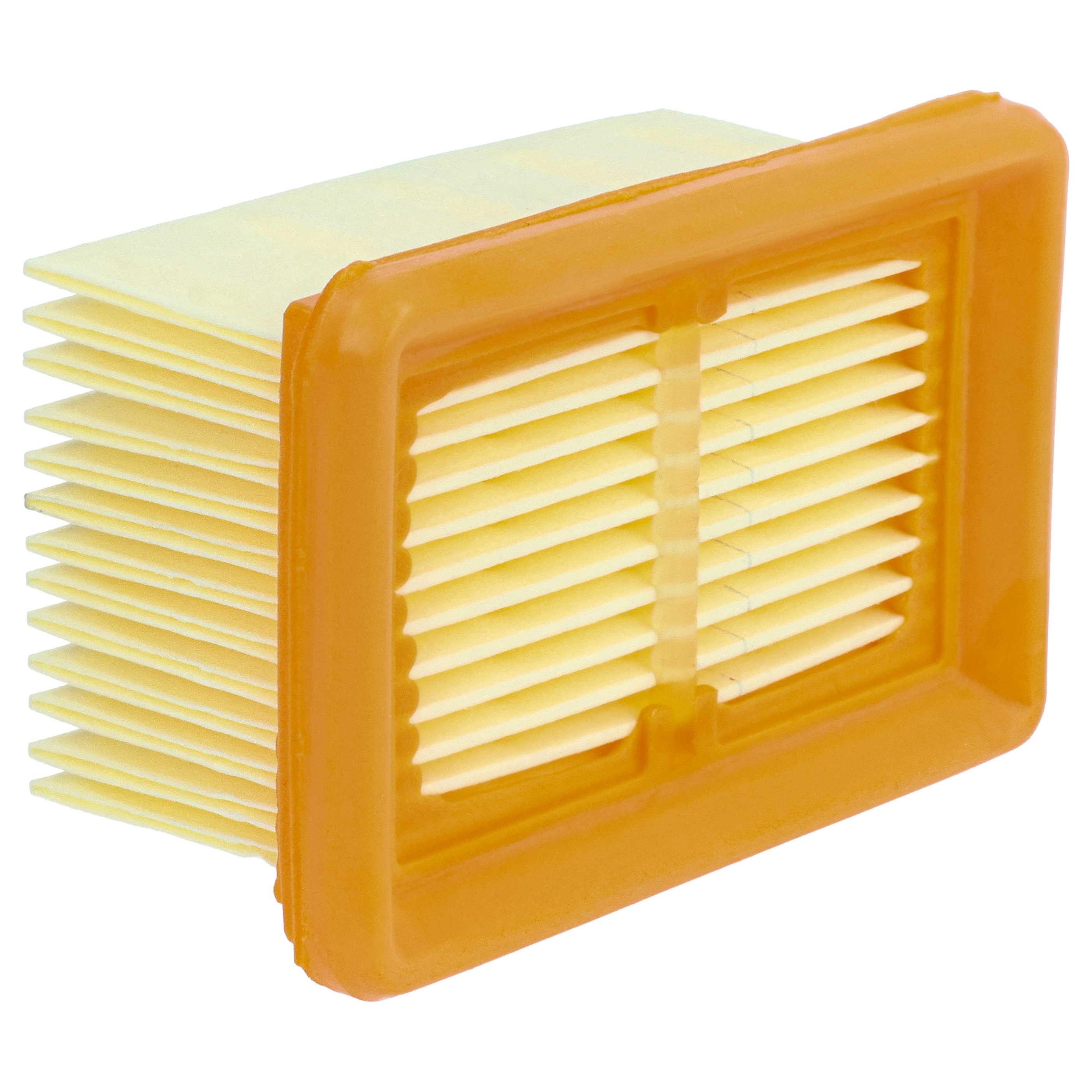 Oranger Luftfilter mit weißem, plissiertem Filter. Der Filter wird von der Seite gezeigt.