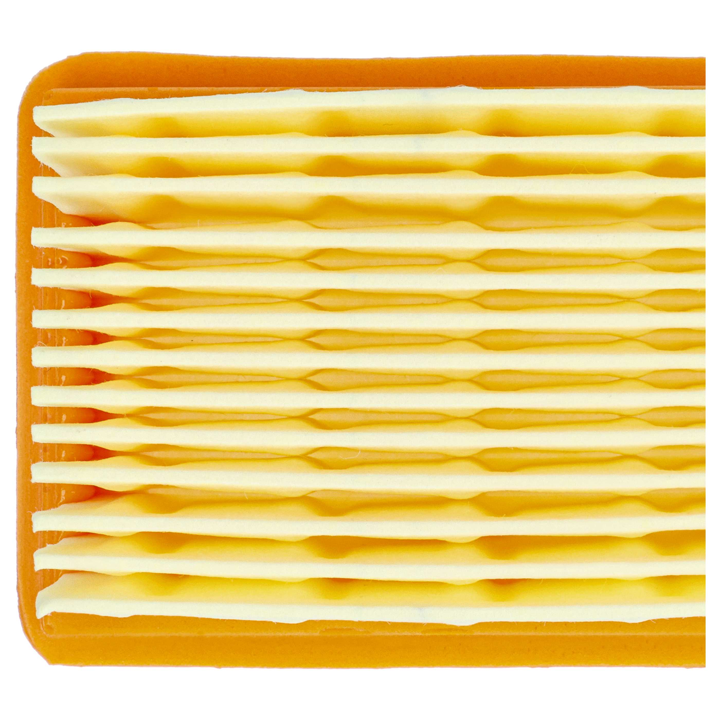 Oranger Luftfilter mit weißem, plissiertem Filter. Der Filter wird nah gezeigt.
