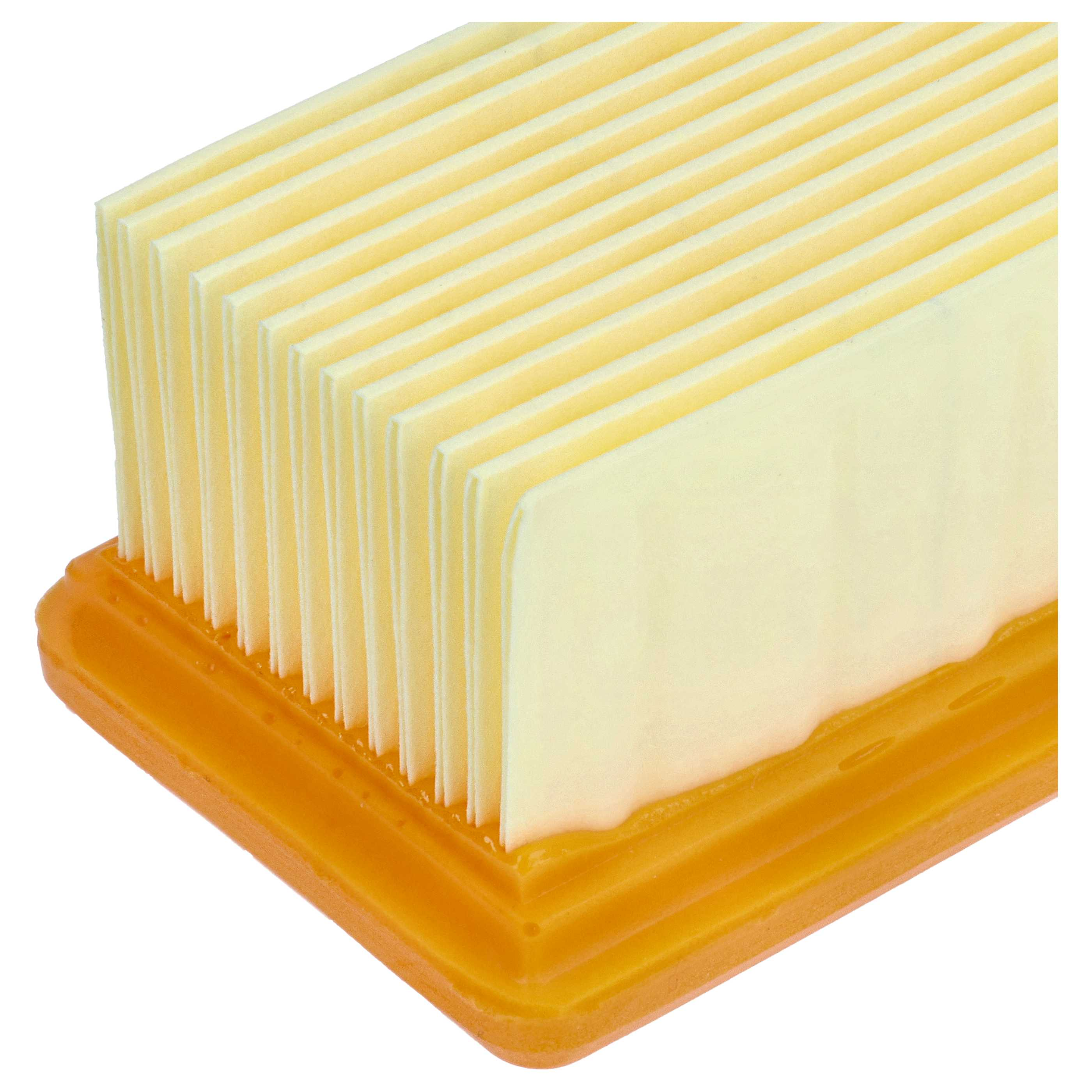 Nahaufnahme eines Luftfilters mit ziehharmonikaartigem beigem Papier und orangefarbener Basis. Der Filter ist neu und unbenutzt.
