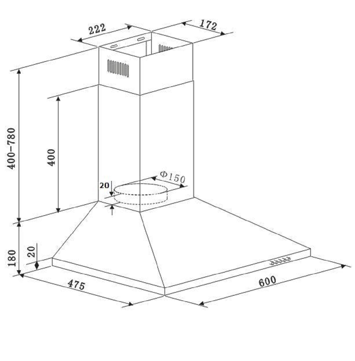 Diagramm einer Küchenabzugshaube mit Abmessungen in Millimetern: 600x475x400-780mm. Zeigt verschiedene Teile und Maße.
