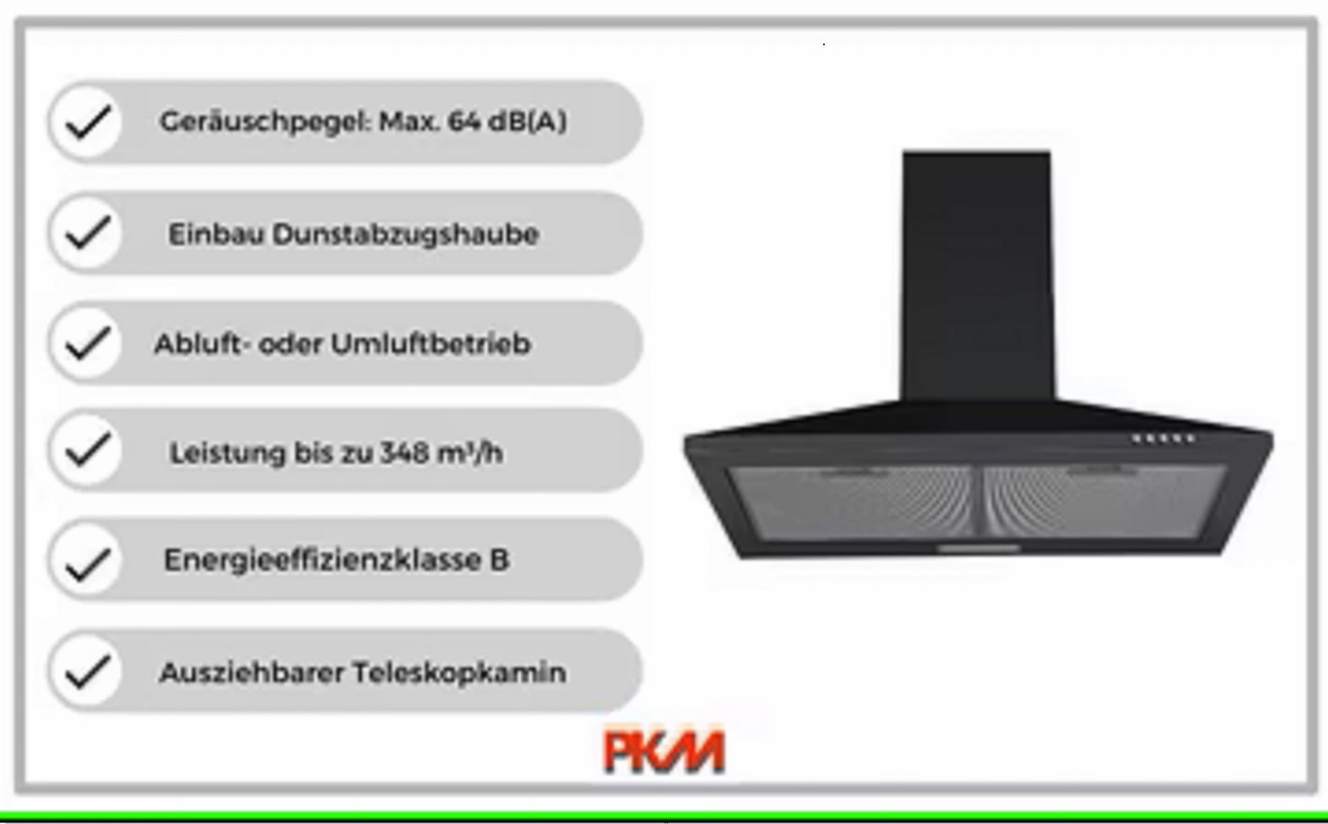 Bild einer schwarzen Dunstabzugshaube. Texte umfassen Geräuschpegel, Einbauhaube, Abluftbetrieb, Leistung, Energieeffizienz und Teleskopkamin.
