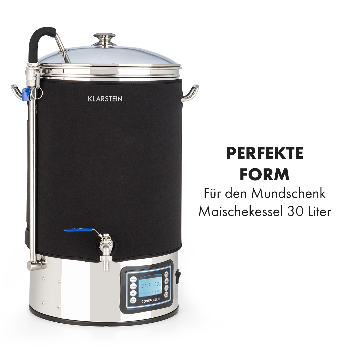 Edelstahl-Braukessel, schwarze Isolierhülle, mit digitalem Bedienfeld.