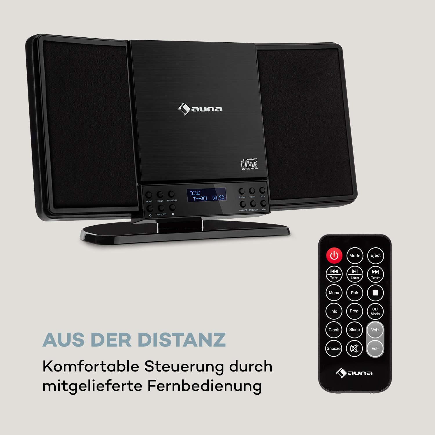 Schwarze Stereoanlage mit Fernbedienung. Das Display zeigt die Uhrzeit, CD usw.