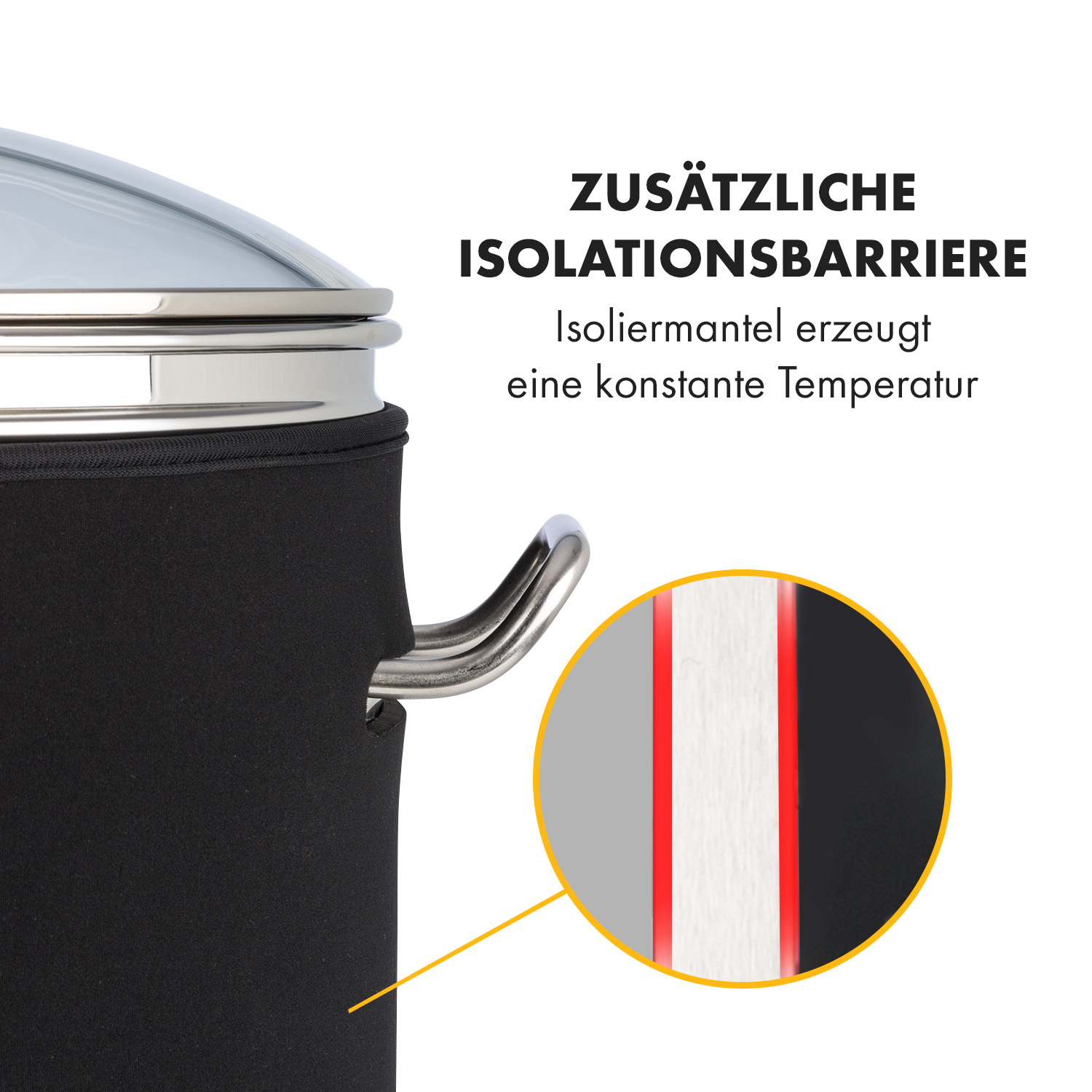 Nahaufnahme eines Topfes mit schwarzer Isolierhülle und einem durchsichtigen Glasdeckel. Ein Querschnitt wird gezeigt.