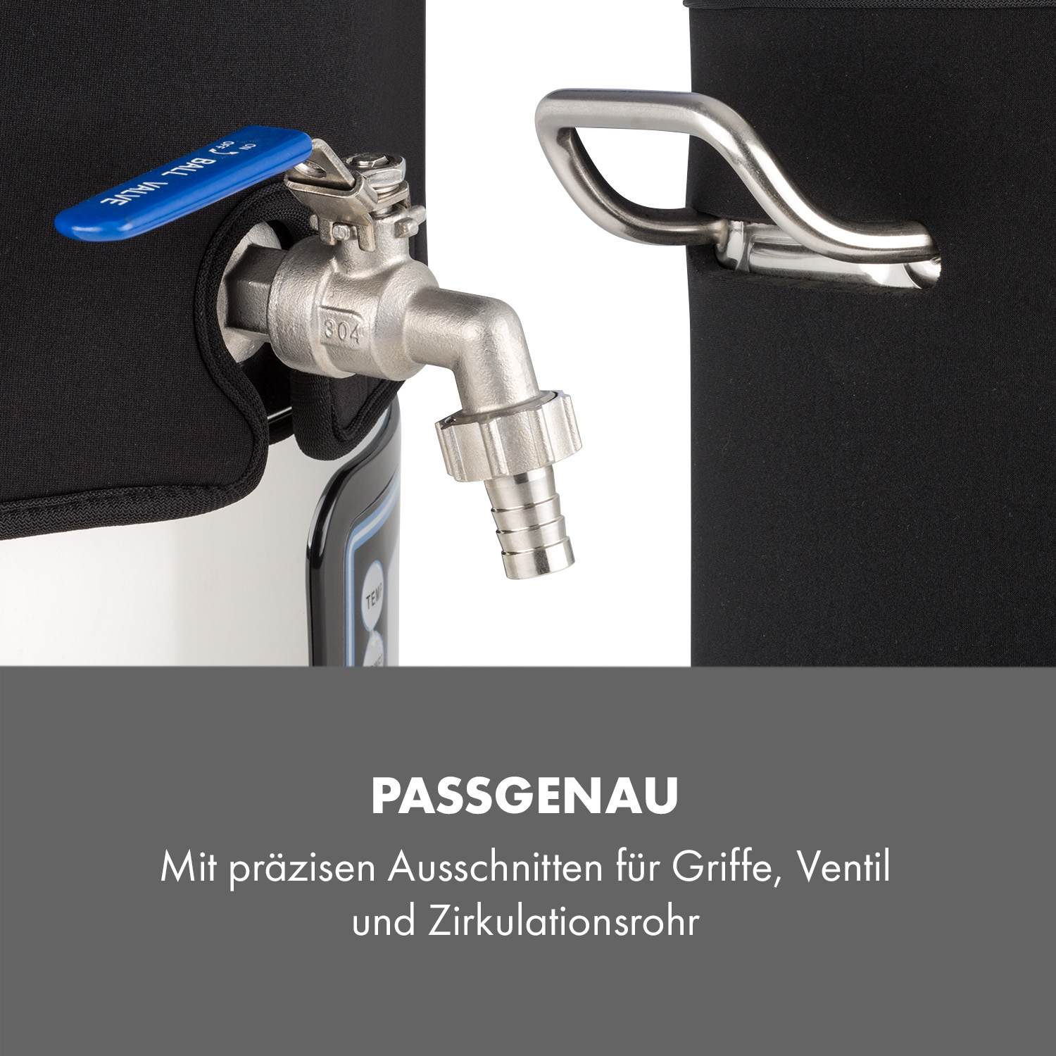 Nahaufnahme eines Topfes mit blauem Ventil, Griff und Zapfhahn. Der Topf befindet sich in einer schwarzen Abdeckung.