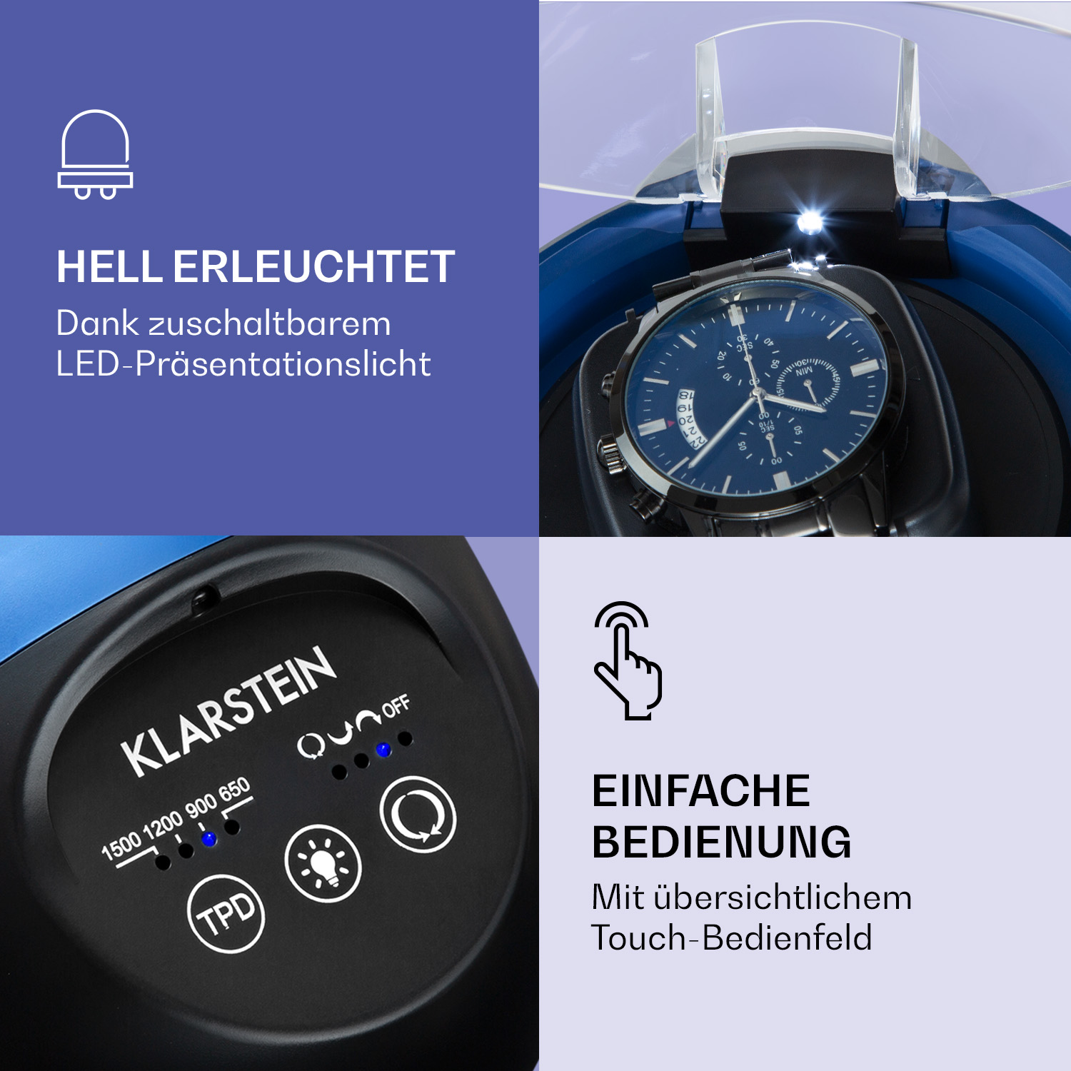 Eine Uhr in einem blauen Uhrenbeweger, der von einem Licht beleuchtet wird.