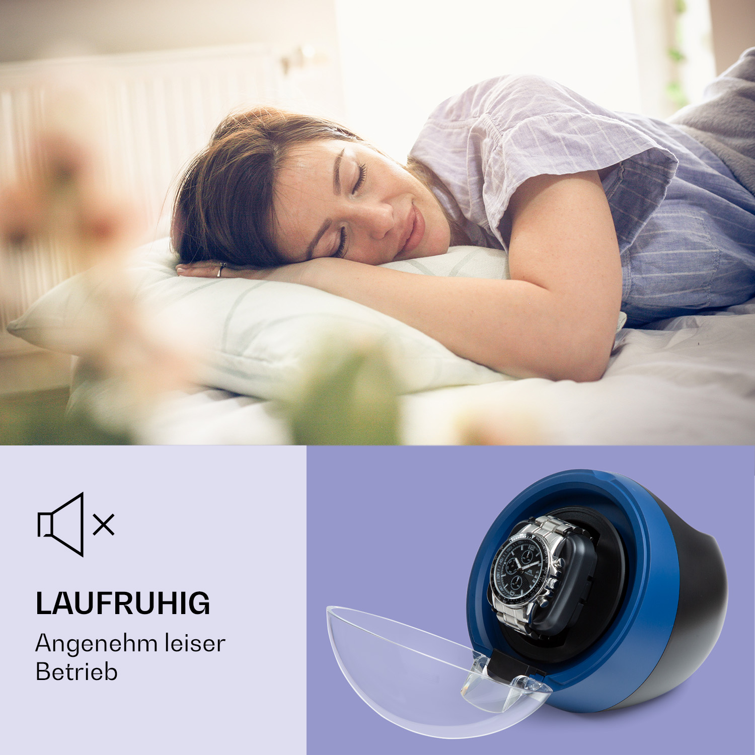 Eine Frau schläft im Bett, neben einem Uhrenbeweger mit einer Uhr darin.