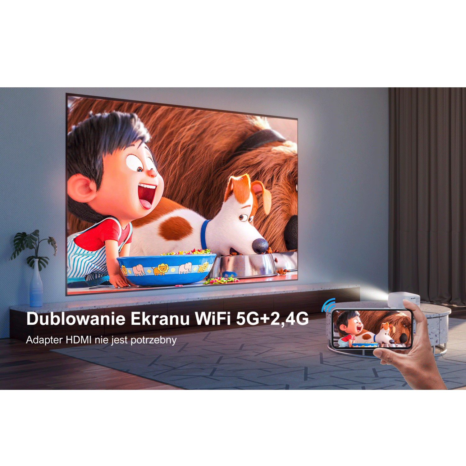 Projektor wyświetlający kreskówkę na ekranie, odzwierciedlający smartfon.