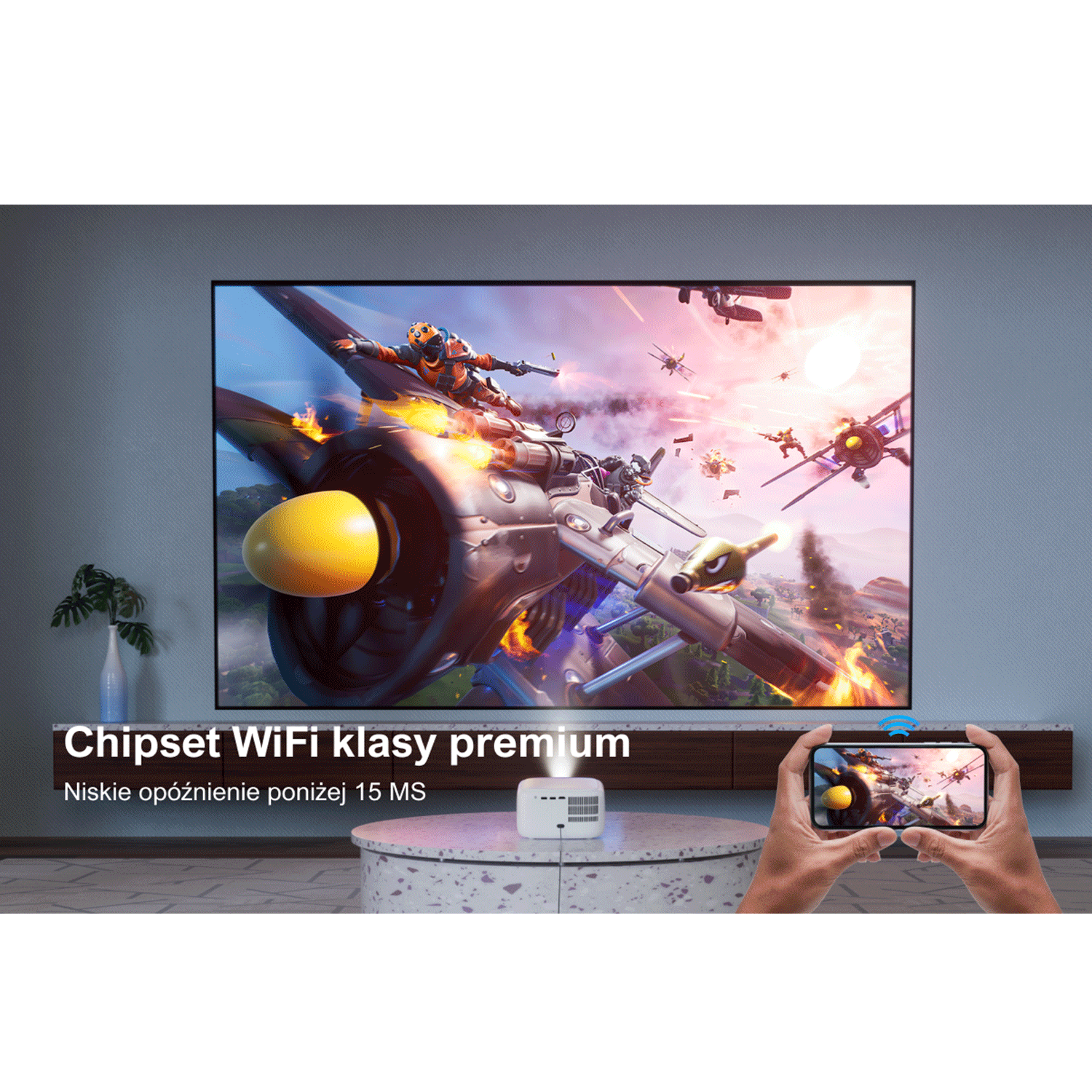 Projektor wyświetlający scenę z gry, odzwierciedlający smartfon.