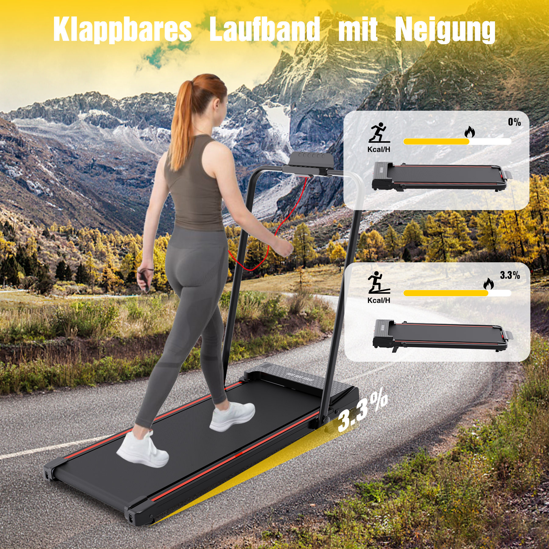 Eine Frau geht auf einem Laufband. Der Hintergrund zeigt Berge. Das Laufband zeigt Steigung und Kalorienverbrauch.